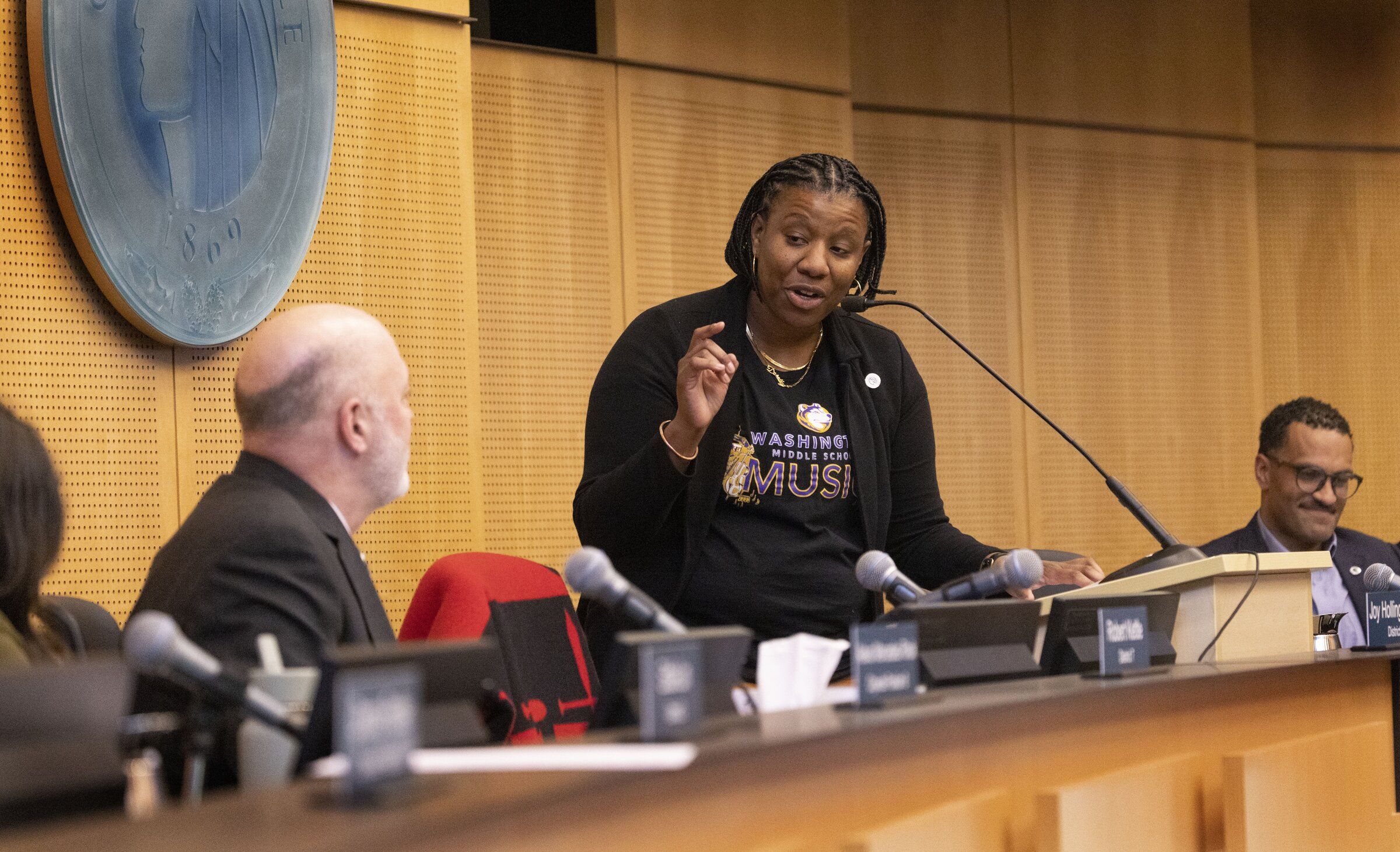 Joy Hollingsworth, newly elected Seattle City Council president, speaks to her colleagues in January. Hollingsworth and Councilmember Dionne Foster have proposed delaying the expansion of two of Mayor Katie Wilson’s key education initiatives. (Ellen M. Banner / The Seattle Times)