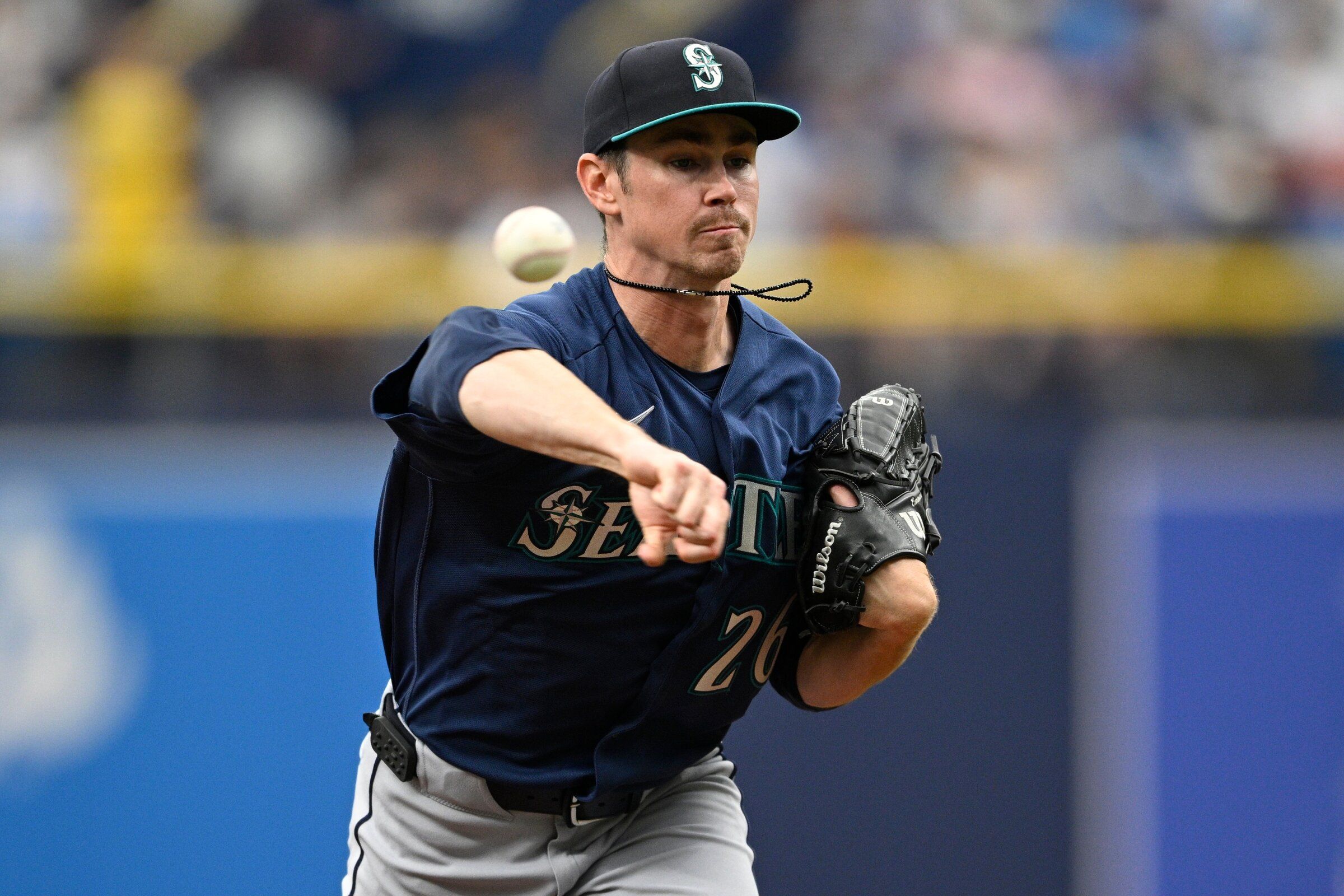 Seattle Mariners starting pitcher Emerson Hancock throws to home plate during the first inning of a baseball game against the Tampa Bay Rays, Sunday, July 12, 2026, in St. Petersburg, Fla. (AP Photo/Phelan M. Ebenhack)