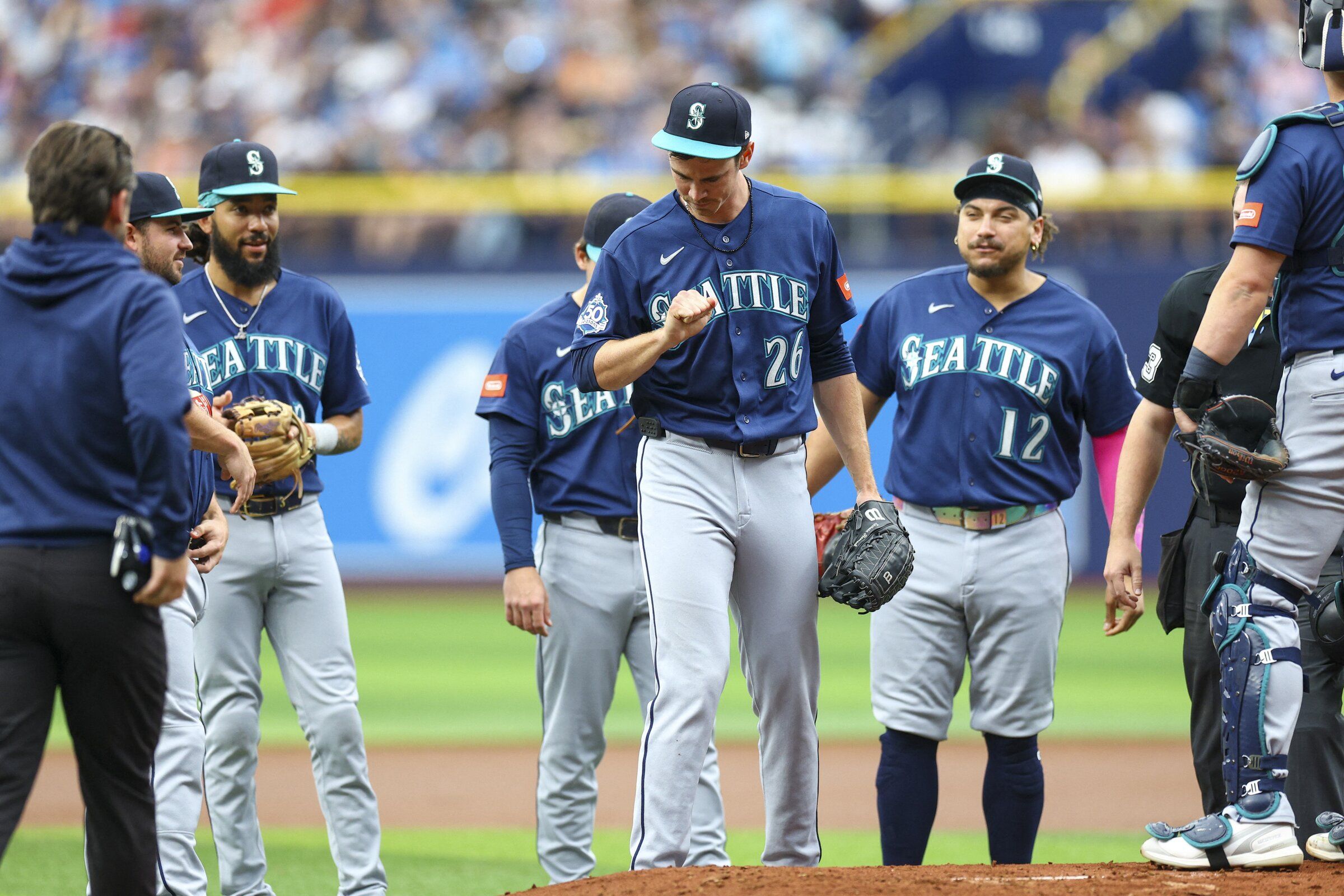 Starting pitcher Emerson Hancock (26) of the Seattle Mariners reacts after being hit by a pitch in a game against the Tampa Bay Rays in the first inning at Tropicana Field. (Nathan Ray Seibek / IMAGN IMAGES via Reuters Connect)
