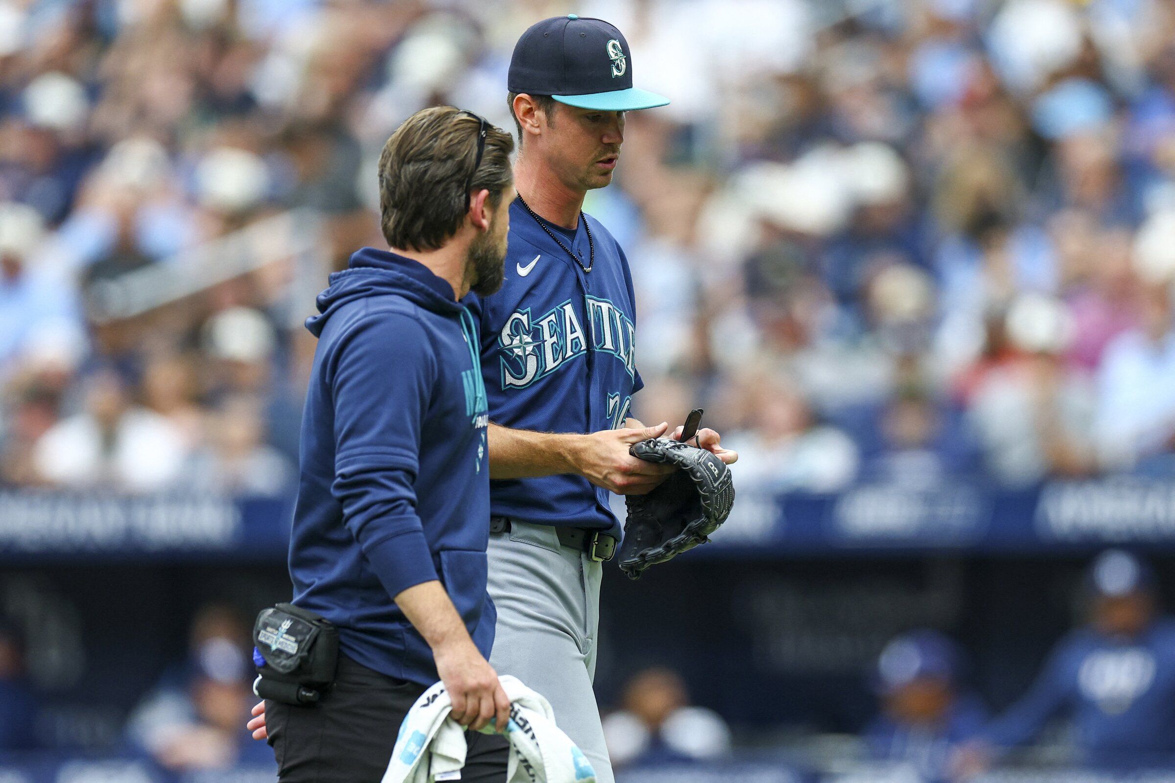 Starting pitcher Emerson Hancock (26) of the Seattle Mariners leaves the game against the Tampa Bay Rays in the second inning at Tropicana Field. (Nathan Ray Seibek / IMAGN IMAGES via Reuters Connect)