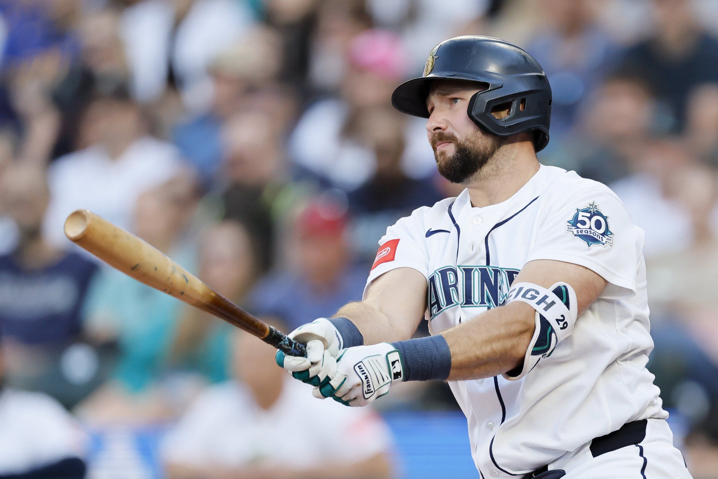 Seattle Mariners catcher Cal Raleigh hits a single during the first inning Saturday, June 20, 2026 in Seattle. (Jennifer Buchanan / The Seattle Times)