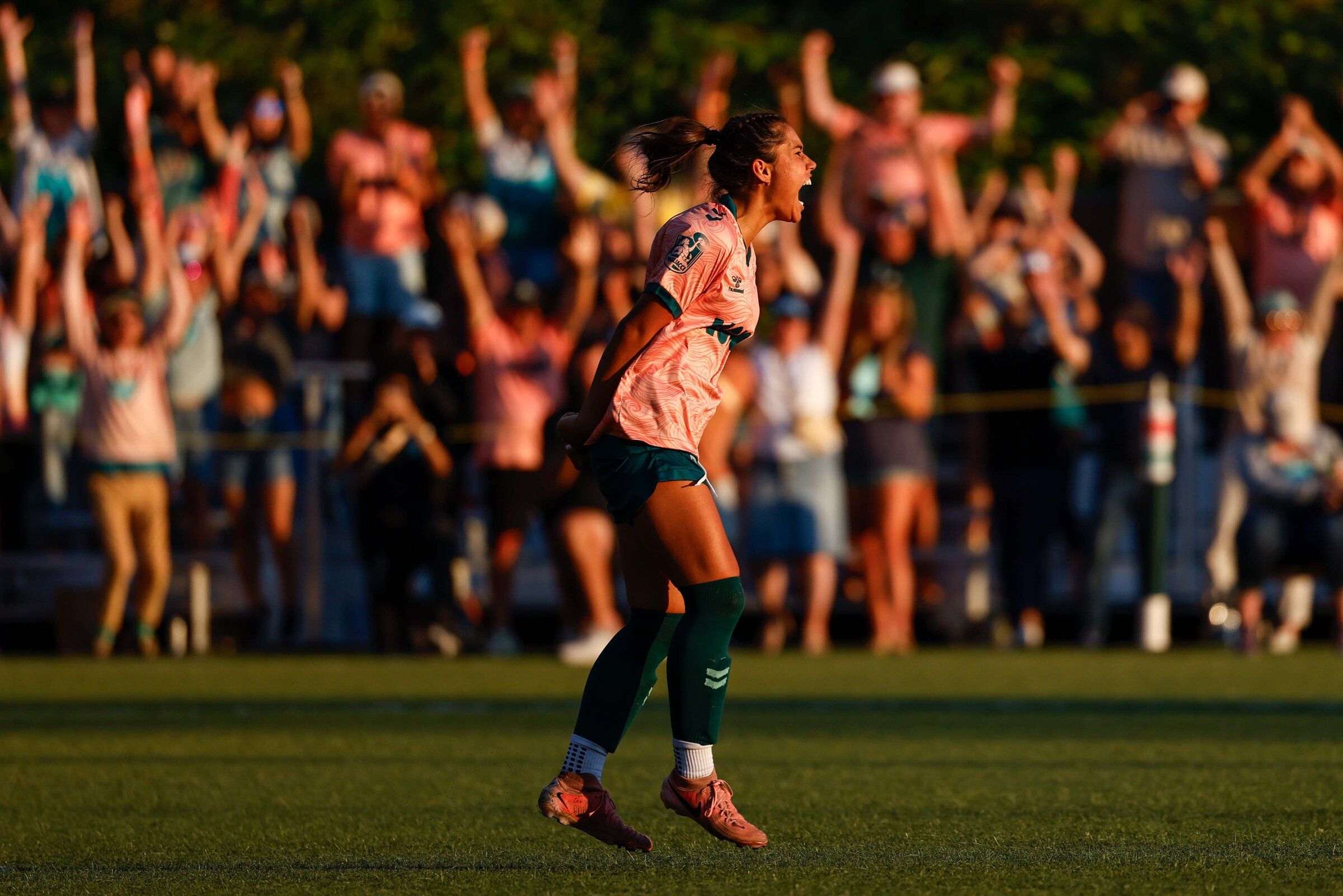 Kaya Singh (42) reacts to scoring the game-winning penalty kick at the Vermont Green FC at Salmon Bay FC 2026 USL W league national final at Interbay Stadium in Seattle on Saturday, July 18, 2026. (Andrew Burke-Stevenson / The Seattle Times)