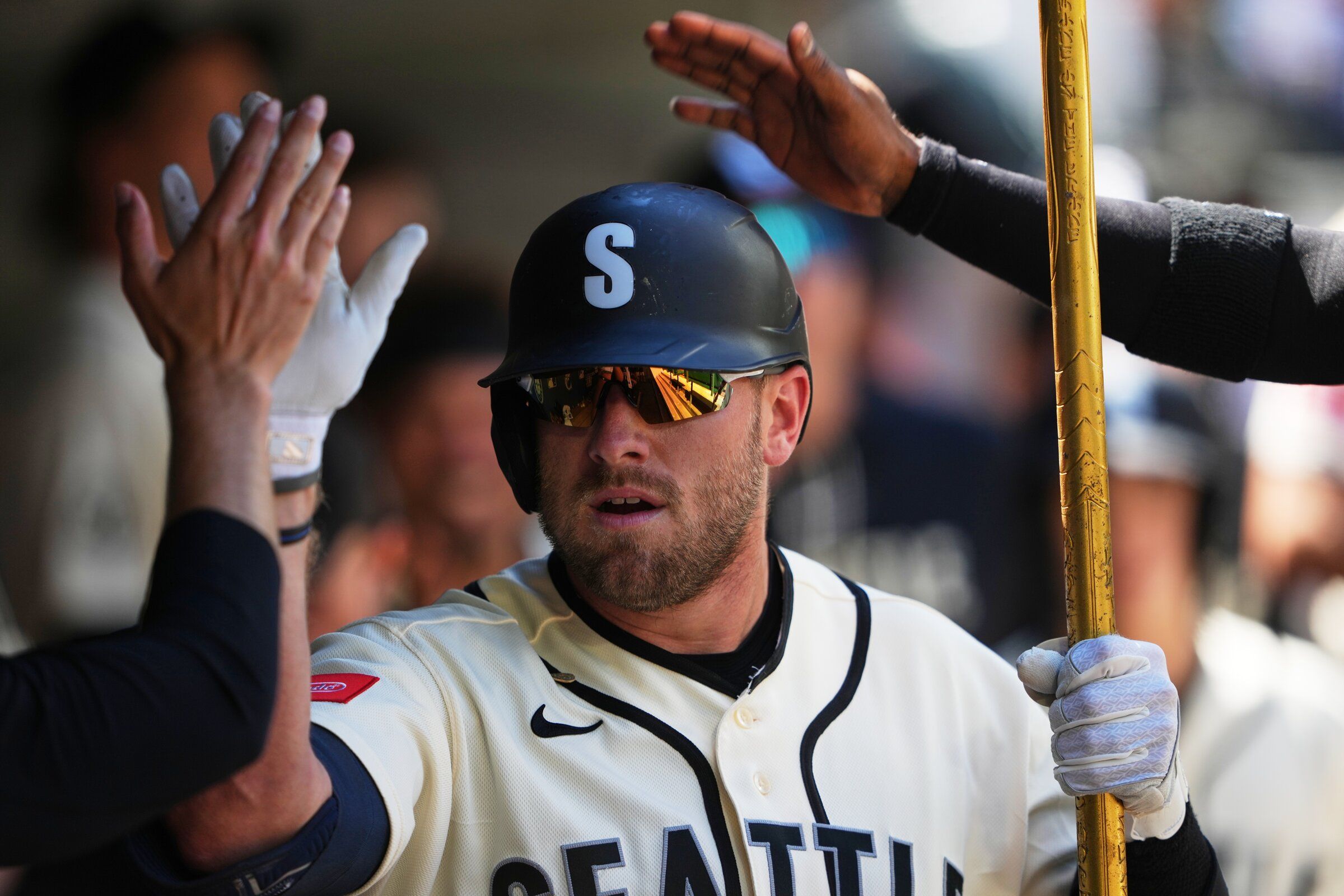 Seattle Mariners’ Luke Raley celebrates in the club seats after hitting a solo home run in the sixth inning of Sunday’s game against the San Francisco Giants on July 19, 2026, in Seattle. (AP Photo/Lindsey Wasson) WALW731 WALW731 (Lindsey Wasson / AP Photo/Lindsey Wasson)