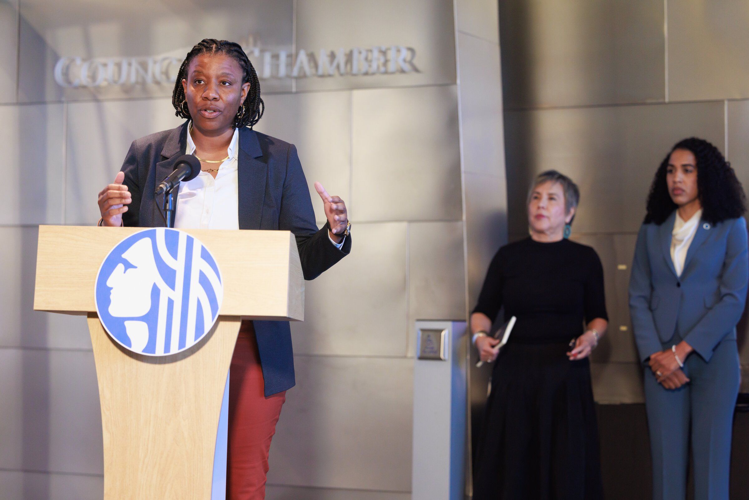 Seattle City Council President Joy Hollingsworth speaks during a press conference held last month in Seattle City Hall. She was one of six council members who voted to delay universal free school meals for a year. (Erika Schultz / The Seattle Times)