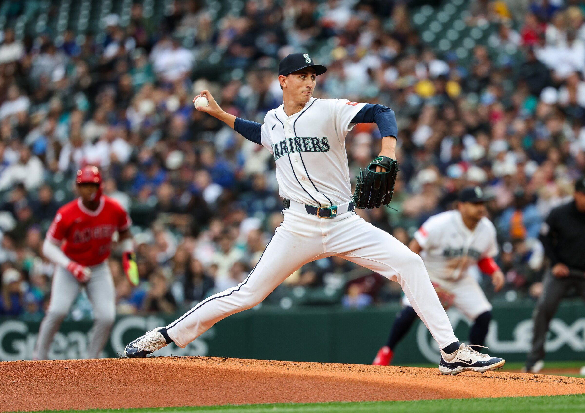 George Kirby got off to a rough start against the Los Angeles Angels, giving up a double, a run and a homer in his first three innings, June 29, 2026, in Seattle. (Dean Rutz / The Seattle Times)