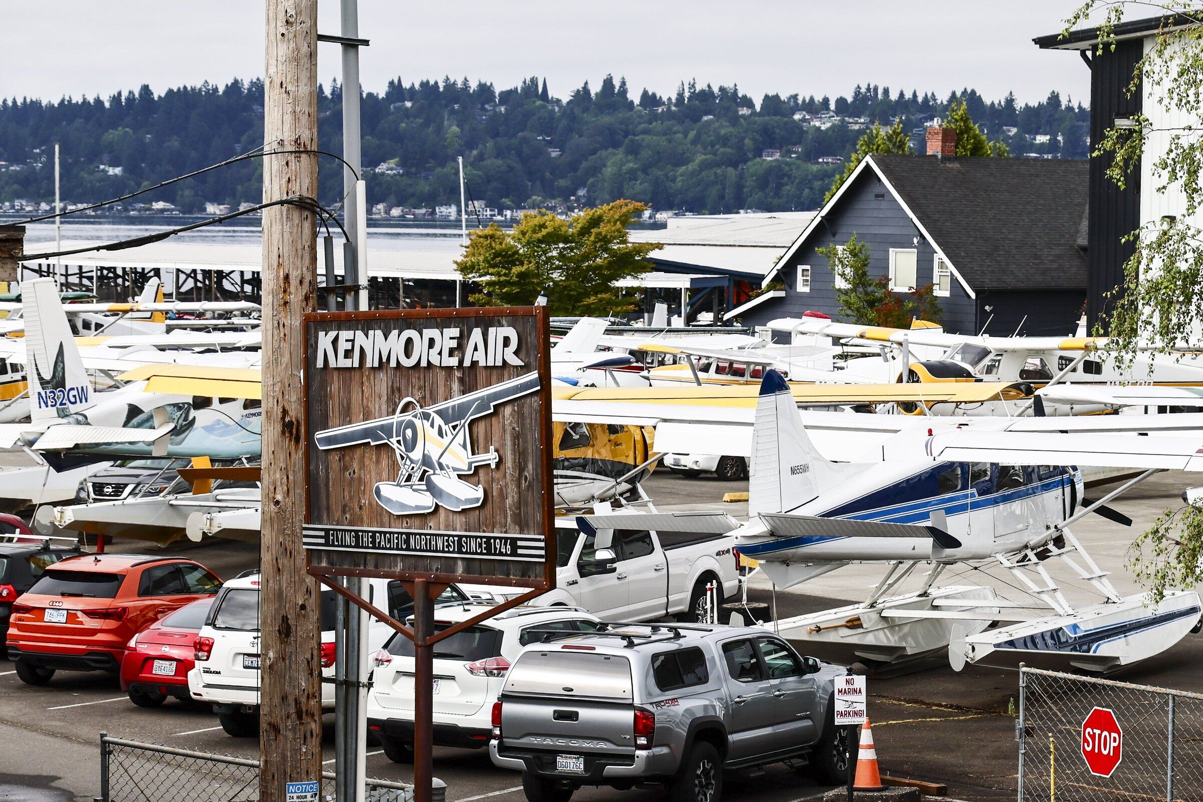 Grounded planes at Kenmore Air Friday morning. Kenmore Air canceled all Friday flights following crash Thursday’s crash in Shallow Bay off Sucia Island. (Kevin Clark / The Seattle Times)