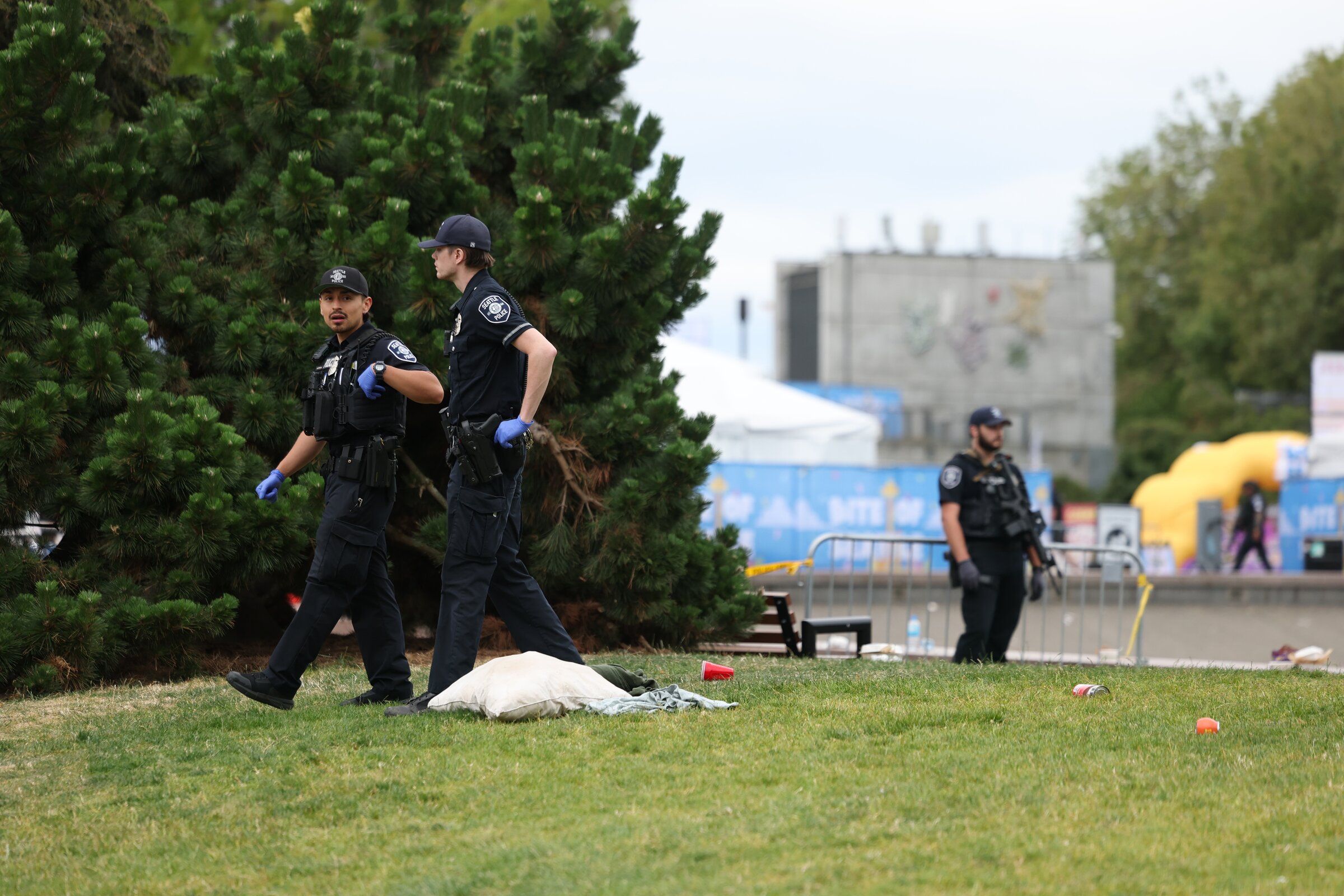 The scene Sunday at Seattle Center, where gunfire broke out during the Bite of Seattle, killing three people. (Nick Wagner / The Seattle Times)