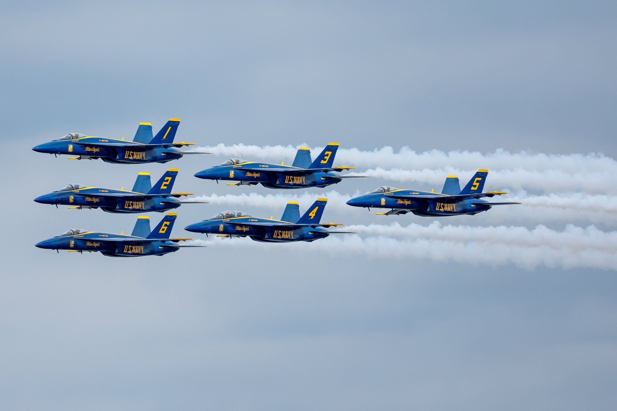 All six Blue Angels fly in formation during Seafair Sunday, August 3, 2025 in Seattle. (Jennifer Buchanan / The Seattle Times, 2025)