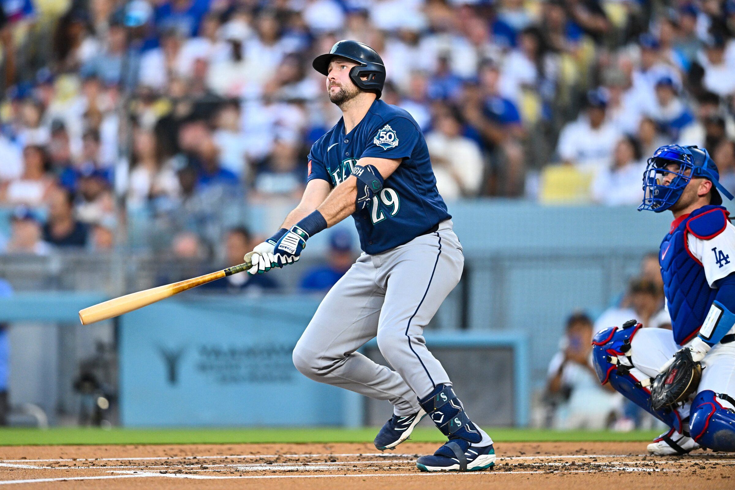 Seattle Mariners’ Cal Raleigh watches his home run during the second inning against the Los Angeles Dodgers, Tuesday, July 28, 2026, in Los Angeles. (William Liang / Imagn Images via Reuters)