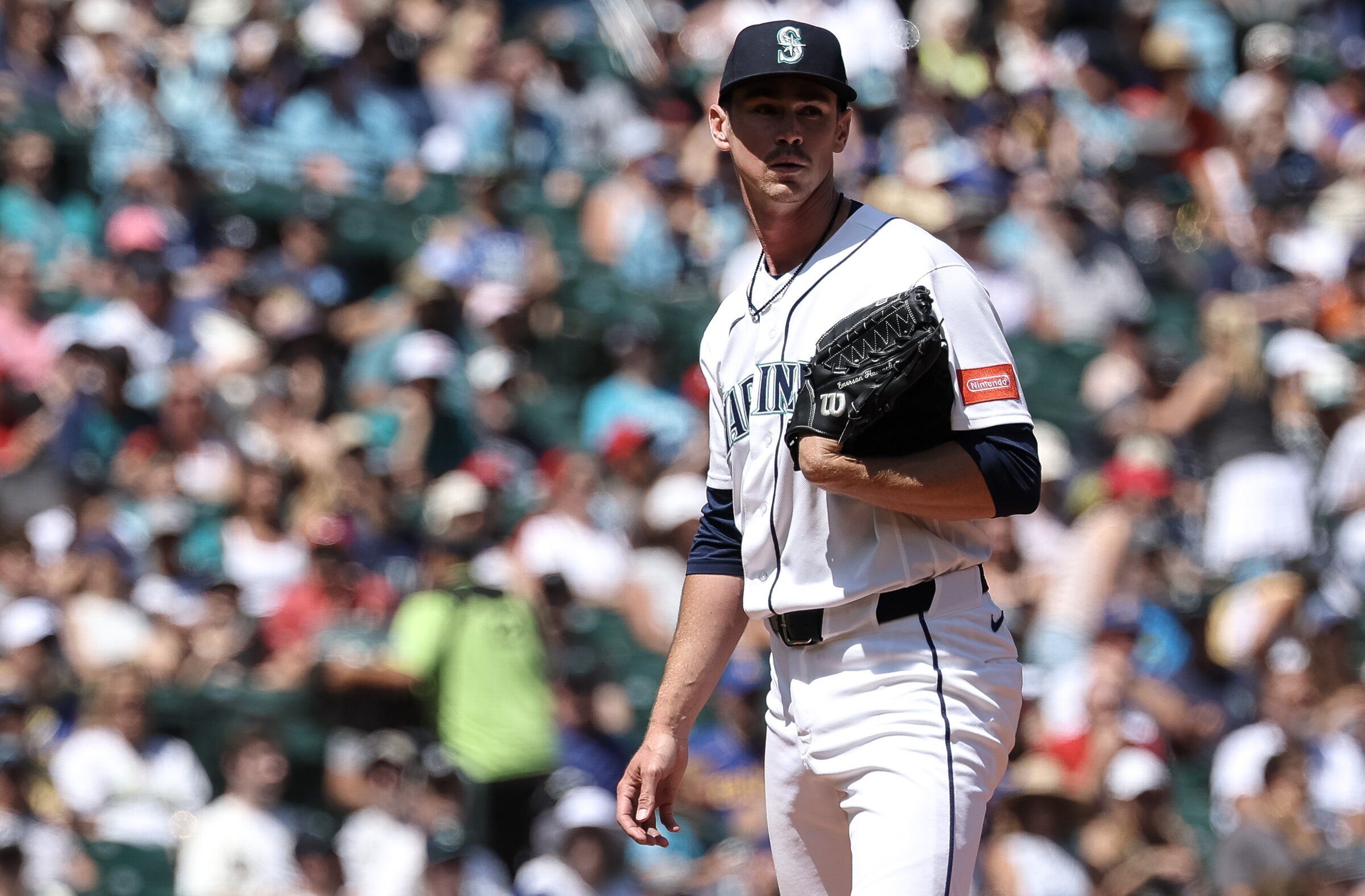 Seattle Mariners pitcher Emerson Hancock reacts after allowing a run to the Cincinnati Reds during the fourth inning, July 22, 2026, in Seattle. (Nick Wagner / The Seattle Times)