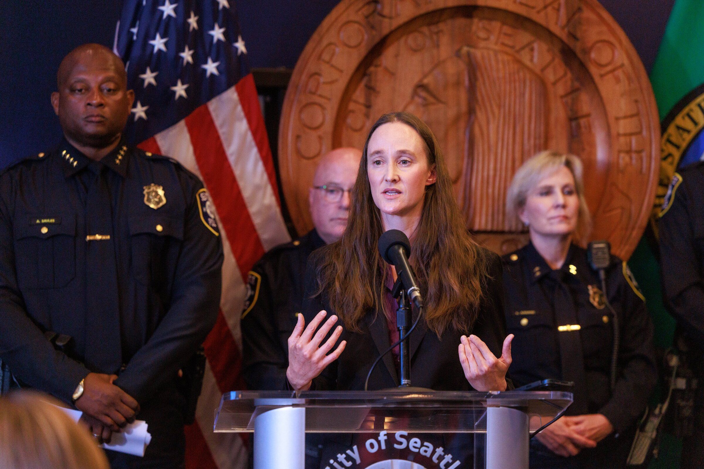 Seattle Mayor Katie Wilson answers questions from reporters during a news conference at City Hall on Friday. (Erika Schultz / The Seattle Times)