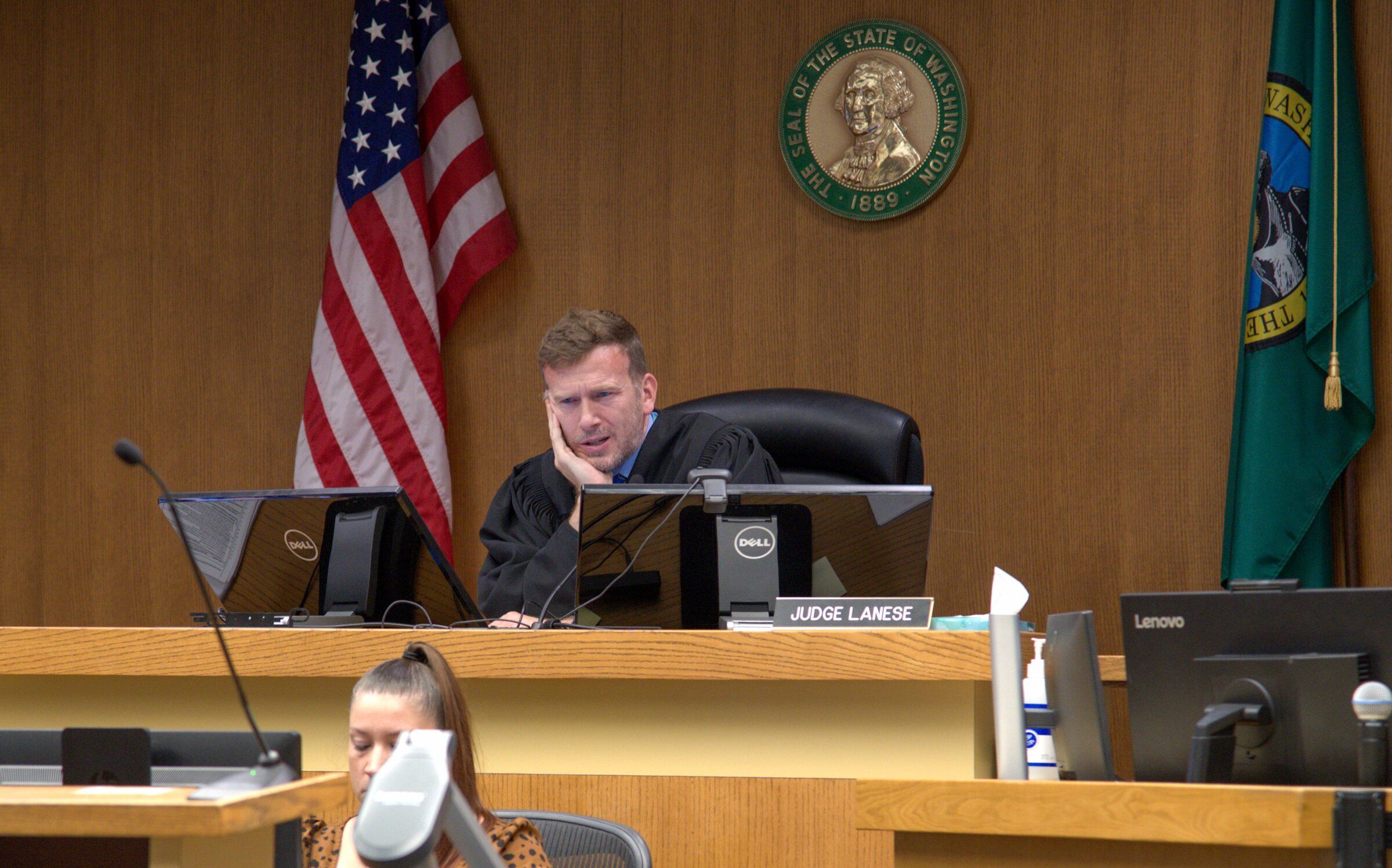 Thurston County Superior Court Judge Chris Lanese listens to oral arguments Friday during a hearing regarding the public investment impact disclosure that will be included with Initiative 645 on the November ballot. (Shauna Sowersby / The Seattle Times)