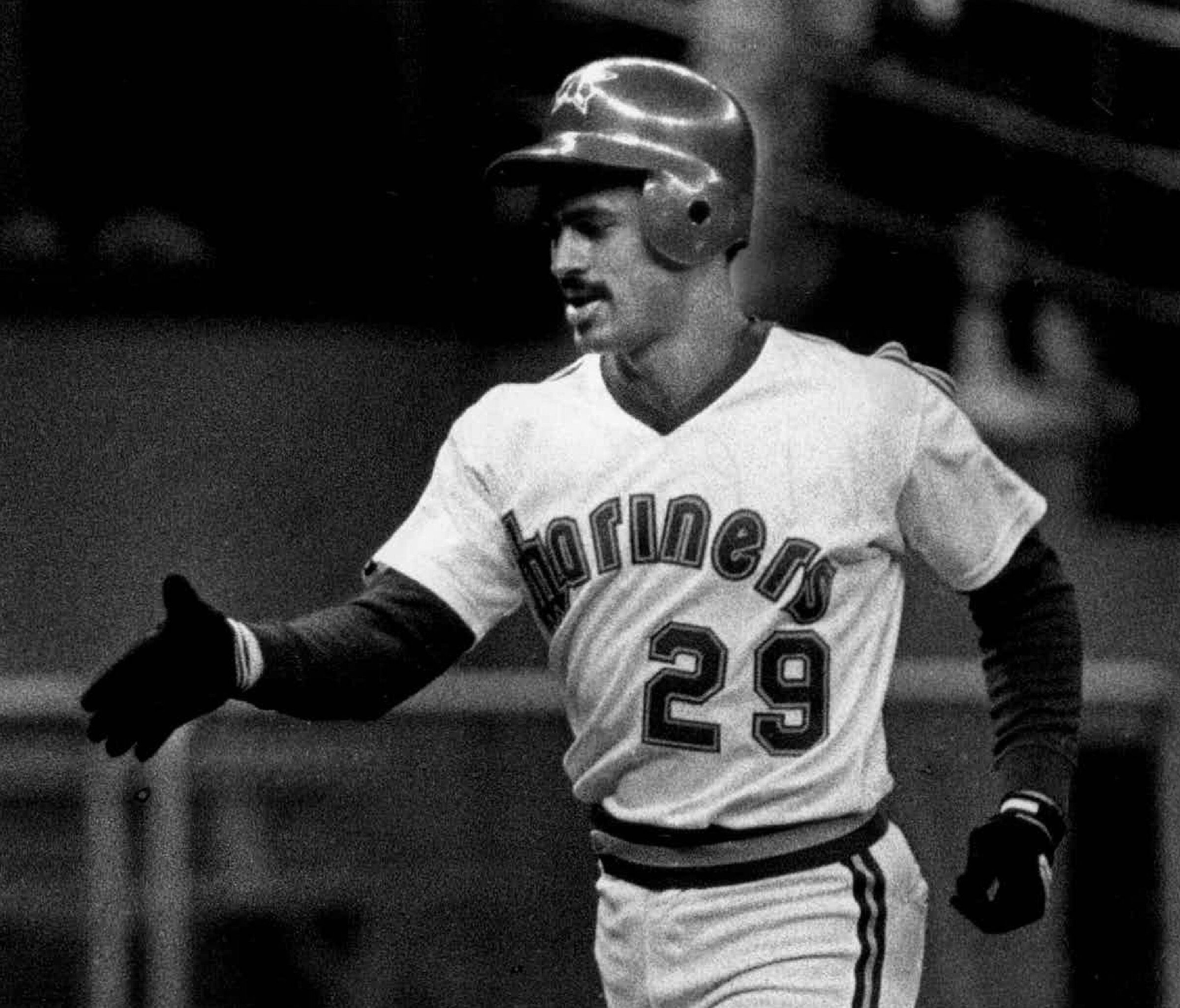 Phil Bradley comes around to score after hitting his 18th home run of the season in August 1985. Bradley hit a famous “ultimate grand slam” on April 13, 1985, leading the Seattle Mariners to an 8–7 comeback victory over the Minnesota Twins. (Matt McVay / The Seattle Times, 1985)