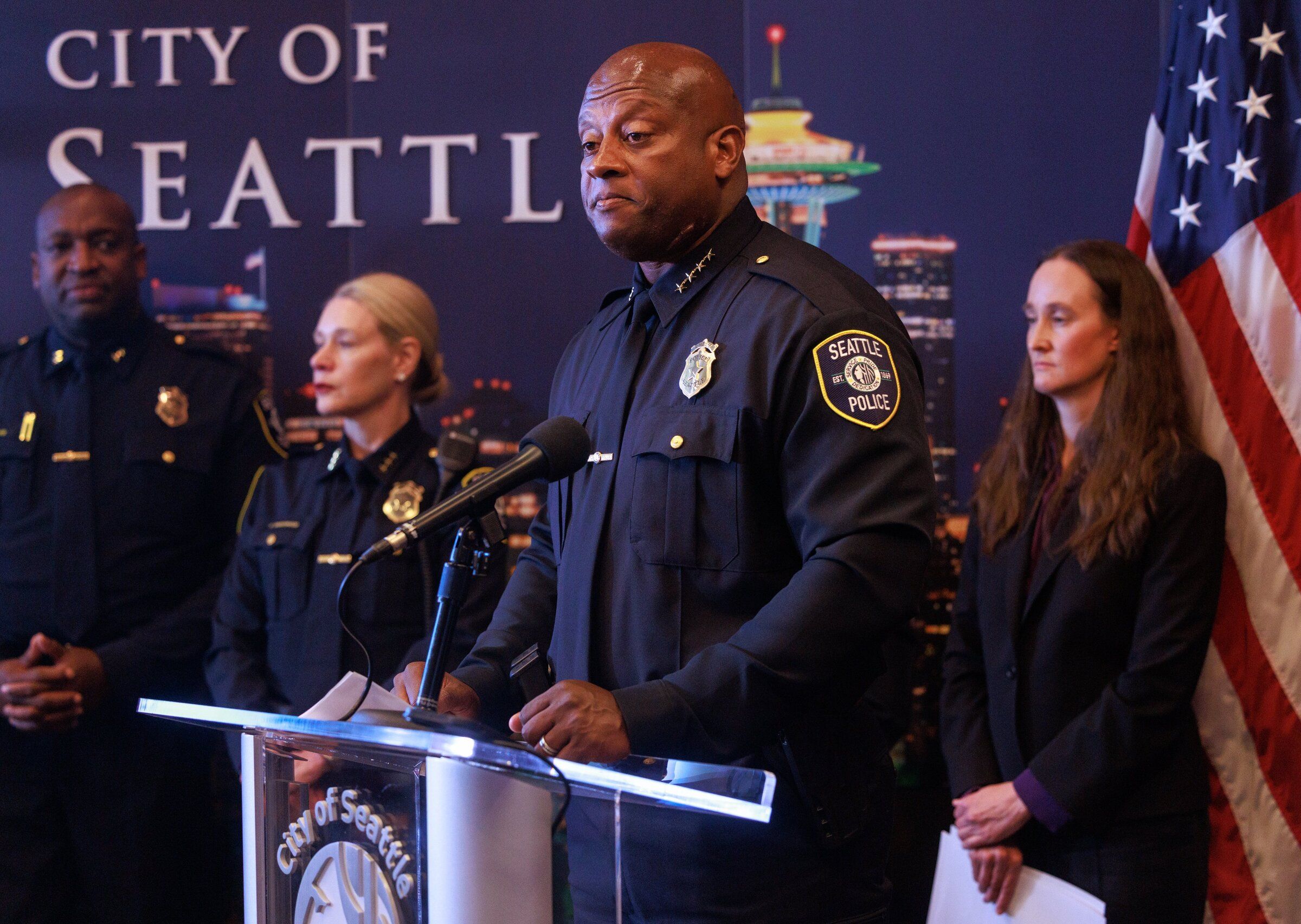 Interim Seattle police Chief Andre Sayles speaks at City Hall last month. Sayles, who had been the No. 2 man at SPD as a deputy chief, was elevated to the top spot on July 30 when Mayor Katie Wilson asked for Shon Barnes’ resignation in the wake of a shooting at Seattle Center that killed three people and injured at least four others. (Erika Schultz / The Seattle Times)