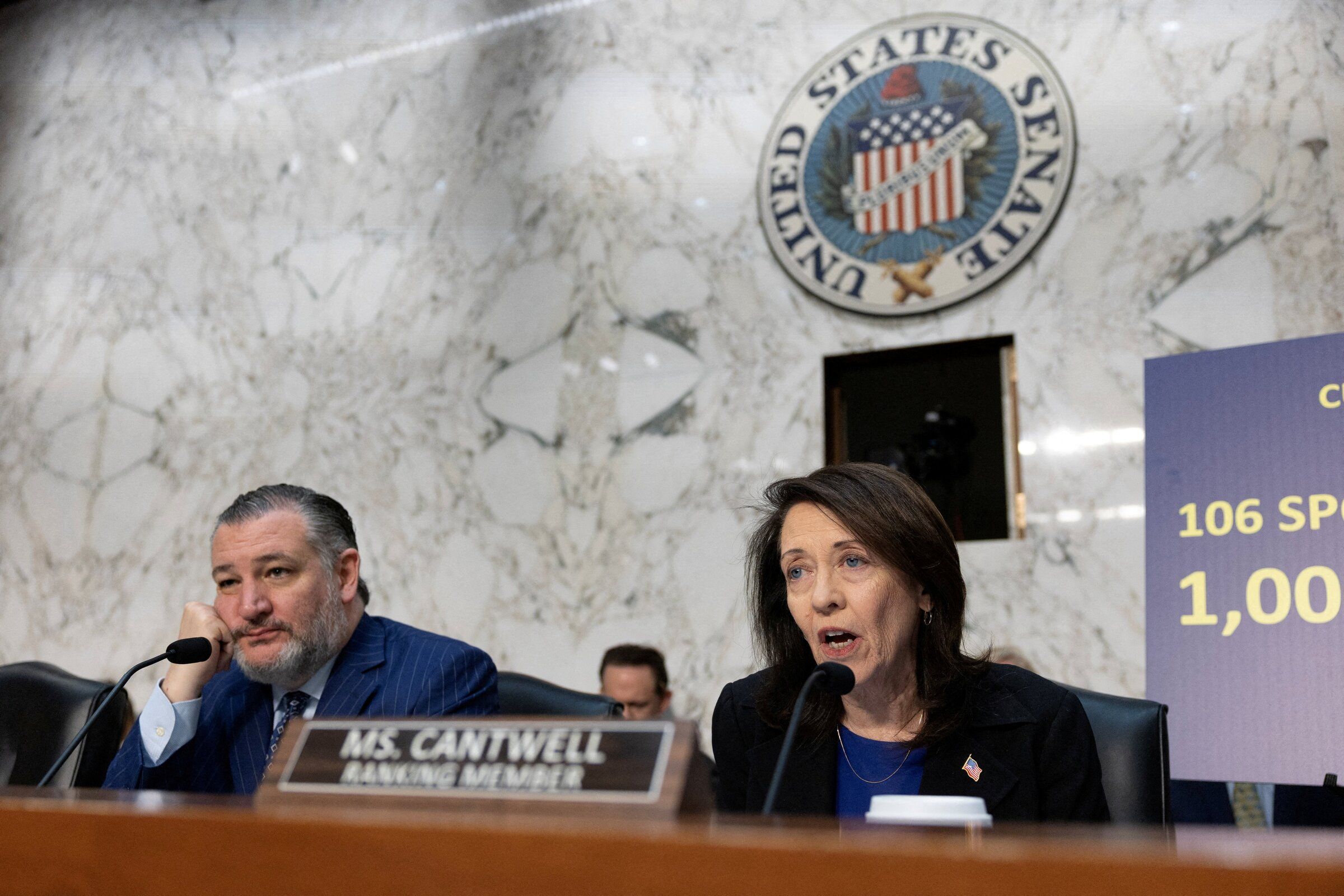 Sen. Ted Cruz (R-Texas) listens as Sen. Maria Cantwell (D-Wash.) speaks during a hearing on the “Protect College Sports Act” before the Senate Commerce Committee, on Capitol Hill in Washington, D.C. on June 3. (Evan Vucci / REUTERS)