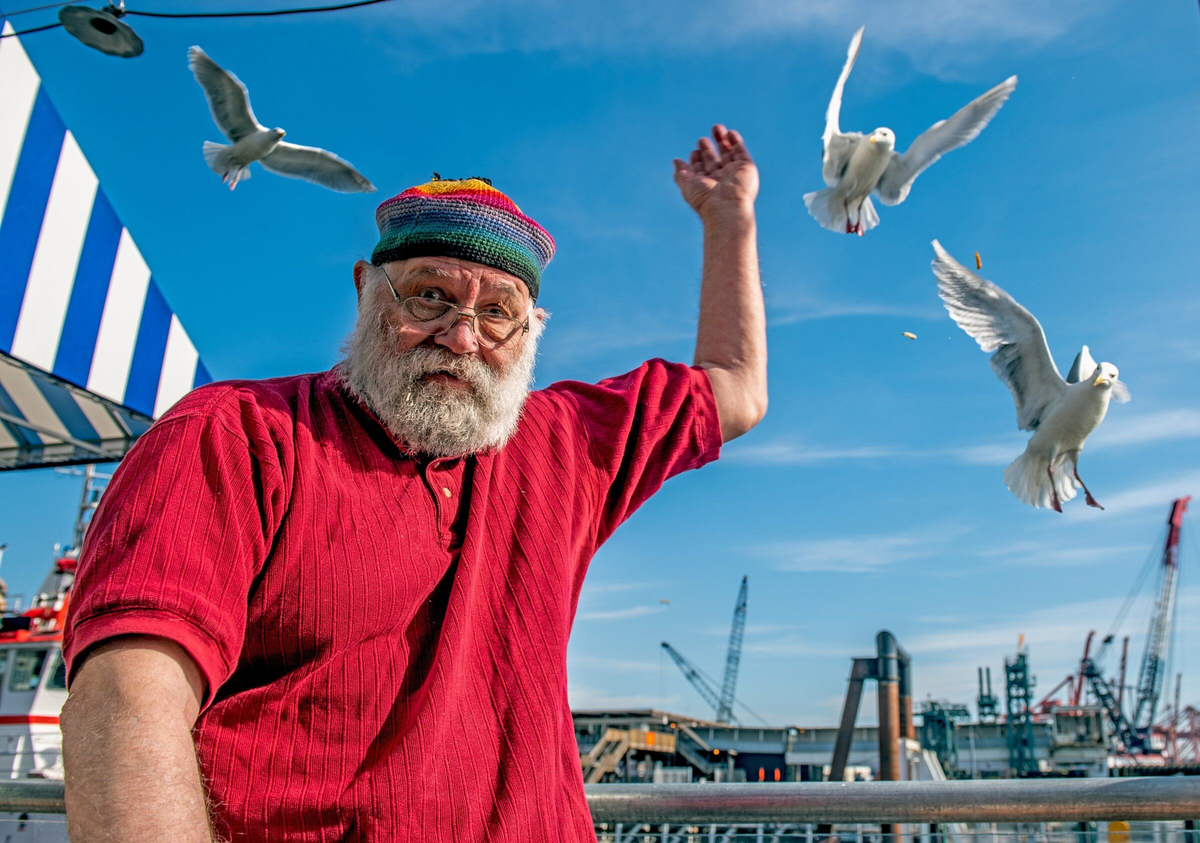 Paul Dorpat, before the pandemic, lobs fries over his shoulder to seagulls. Dorpat, known for sharing his passion for the history of Seattle and Washington state, died on May 27. He was 87. (Jean Sherrard)
