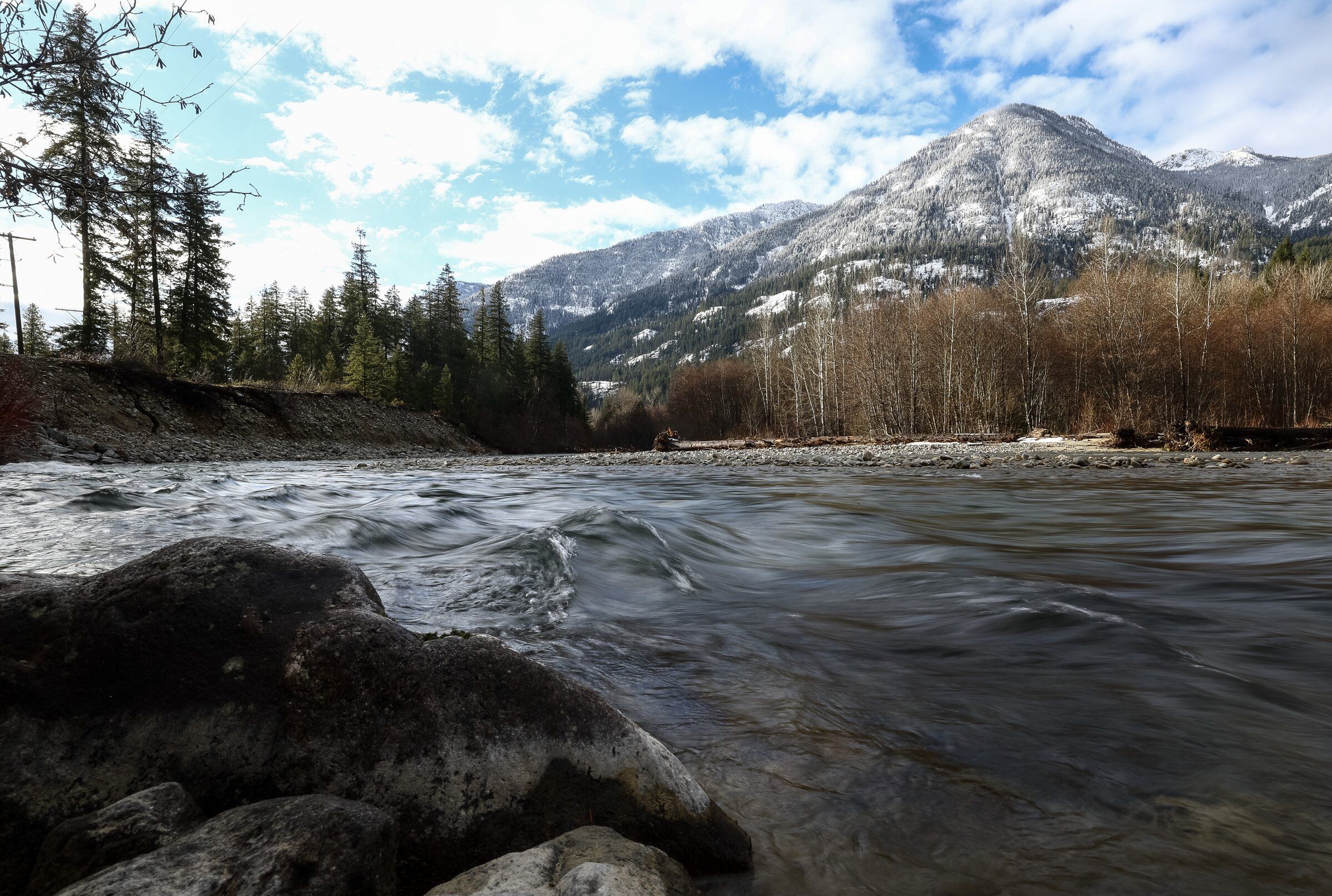 The Stehekin River flows through the valley on Feb. 24 in Stehekin. (Nick Wagner / The Seattle Times)