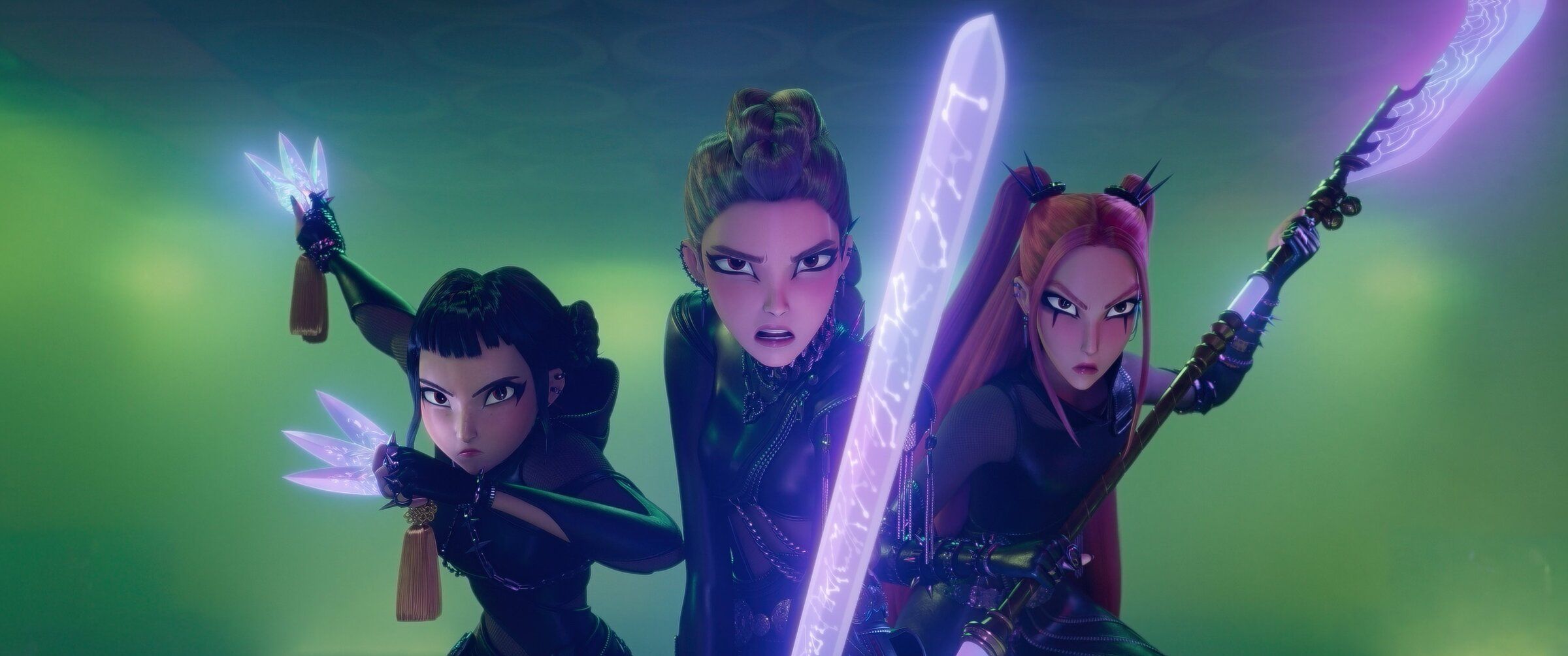 Zoey (voiced by Ji-Young Yoo, from left), Rumi (voiced by Arden Cho) and Mira (voiced by May Hong) use their secret identities as demon hunters to protect their fans from an ever-present supernatural threat in “KPop Demon Hunters.”  (Courtesy Netflix)