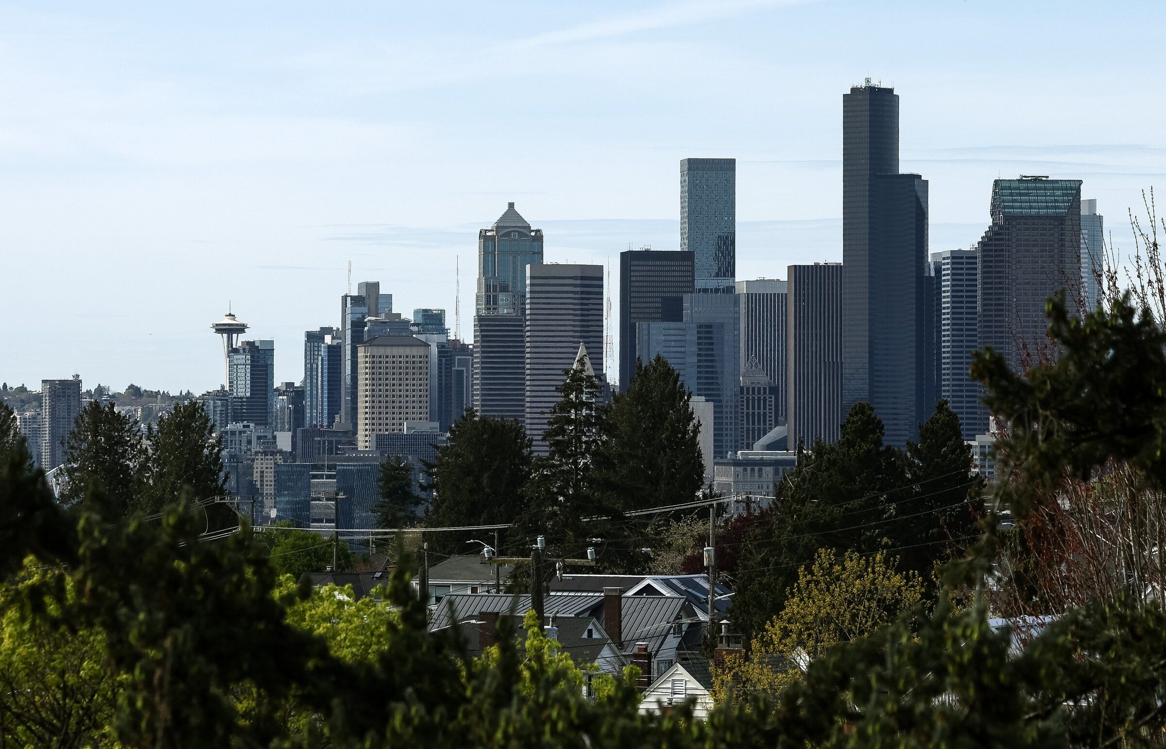 Seattle’s skyline is seen from Jefferson Park on Sunday, April 19, 2026. (Nick Wagner / The Seattle Times)