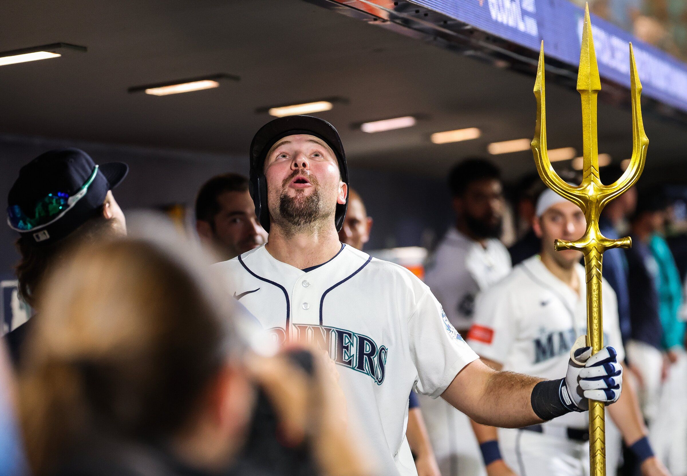 Cal Raleigh lets out a roar after hitting his third home run of Monday’s game against the Philadelphia Phillies. (Dean Rutz / The Seattle Times)