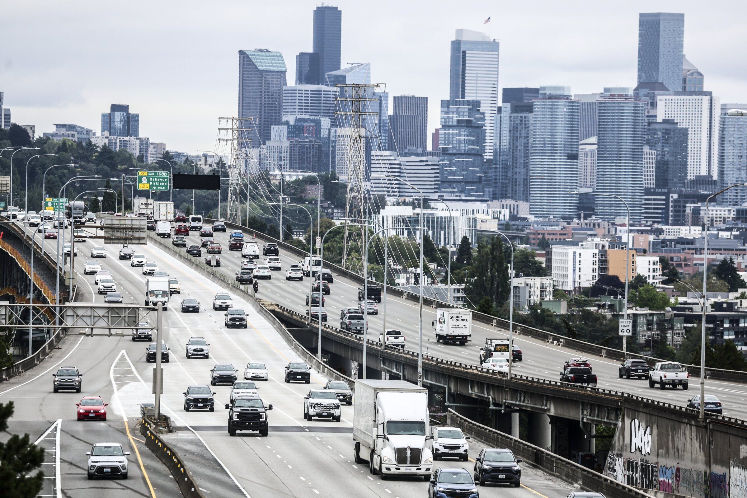 Drivers travel on I-5 in Seattle in July. According to the latest Census Bureau data, the average one-way commute for Seattleites fell to just under 26 minutes between 2019 and 2024. (Kevin Clark / The Seattle Times)