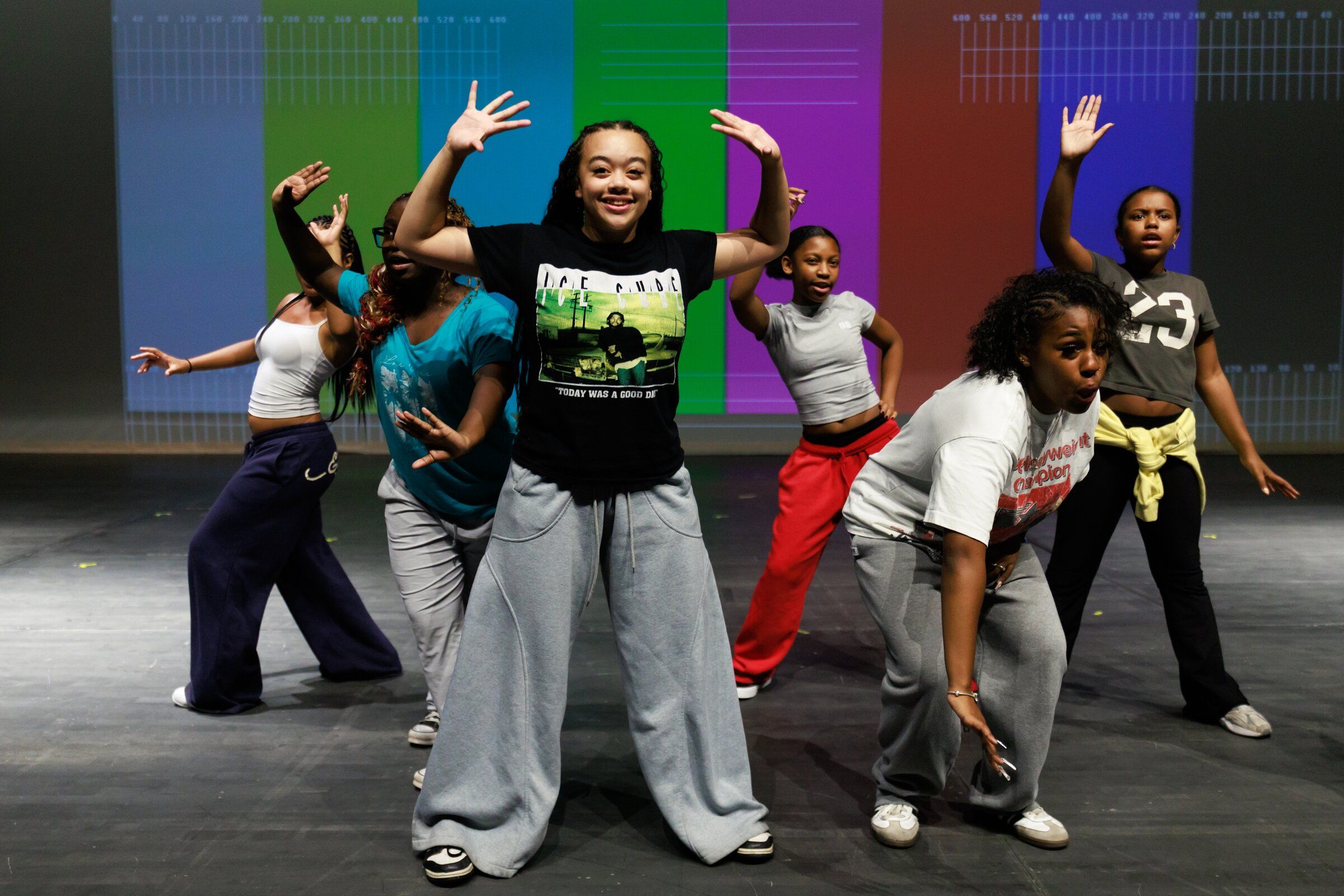 Ale’jah Johnson, second from left, Orianna Henderson, Imani Sims, Harlem Yarbrough and London Cormier-McClain rehearse during a dress rehearsal for Seattle’s youth summer musical “Peter Pan: Ready to Fly” at McCaw Hall in Seattle on Tuesday. (Erika Schultz / The Seattle Times)
