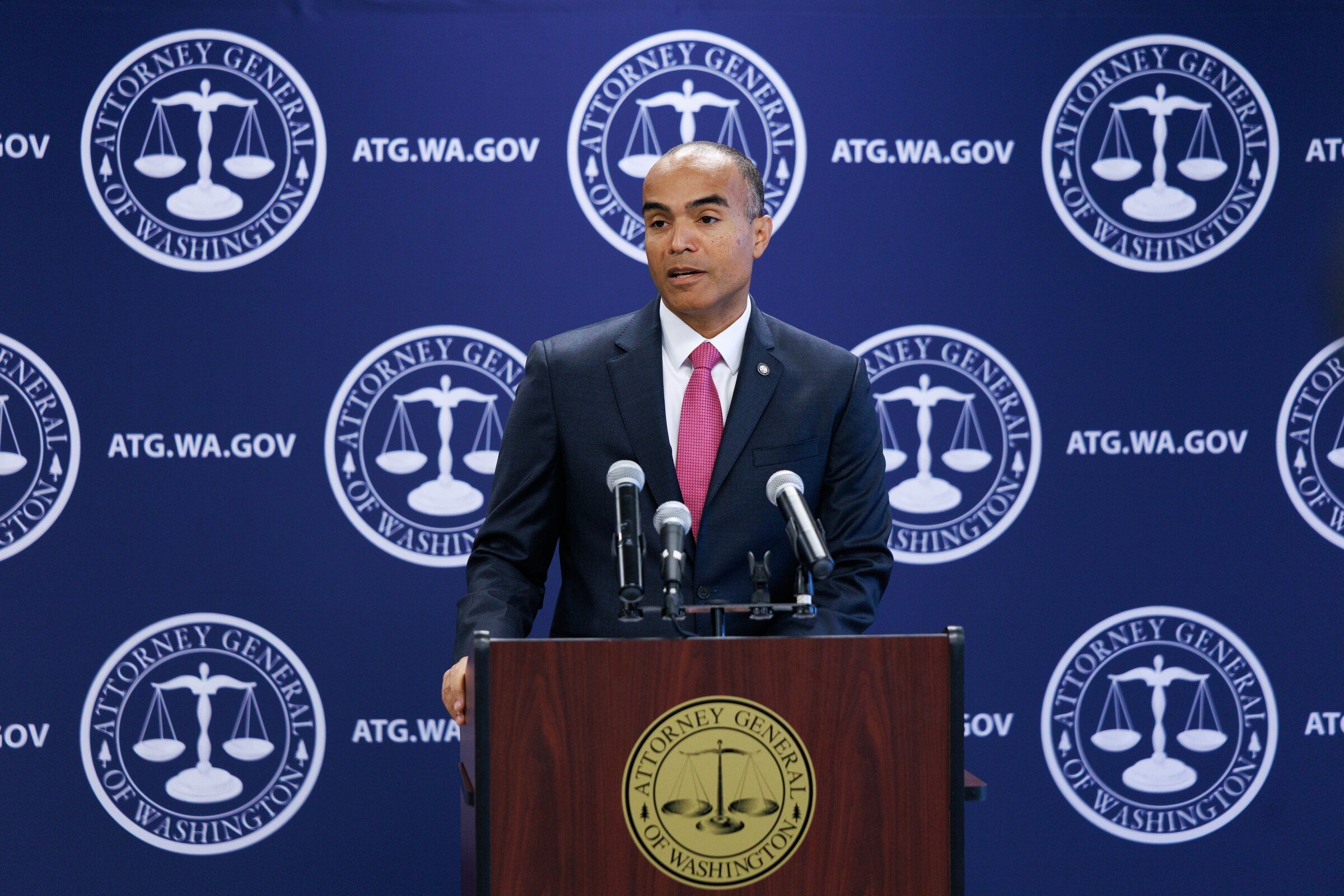 Washington Attorney General Nick Brown speaks at a news conference about a $17 billion nationwide consumer protection settlement against Meta in Seattle on Aug. 26, 2026. (Erika Schultz / The Seattle Times)