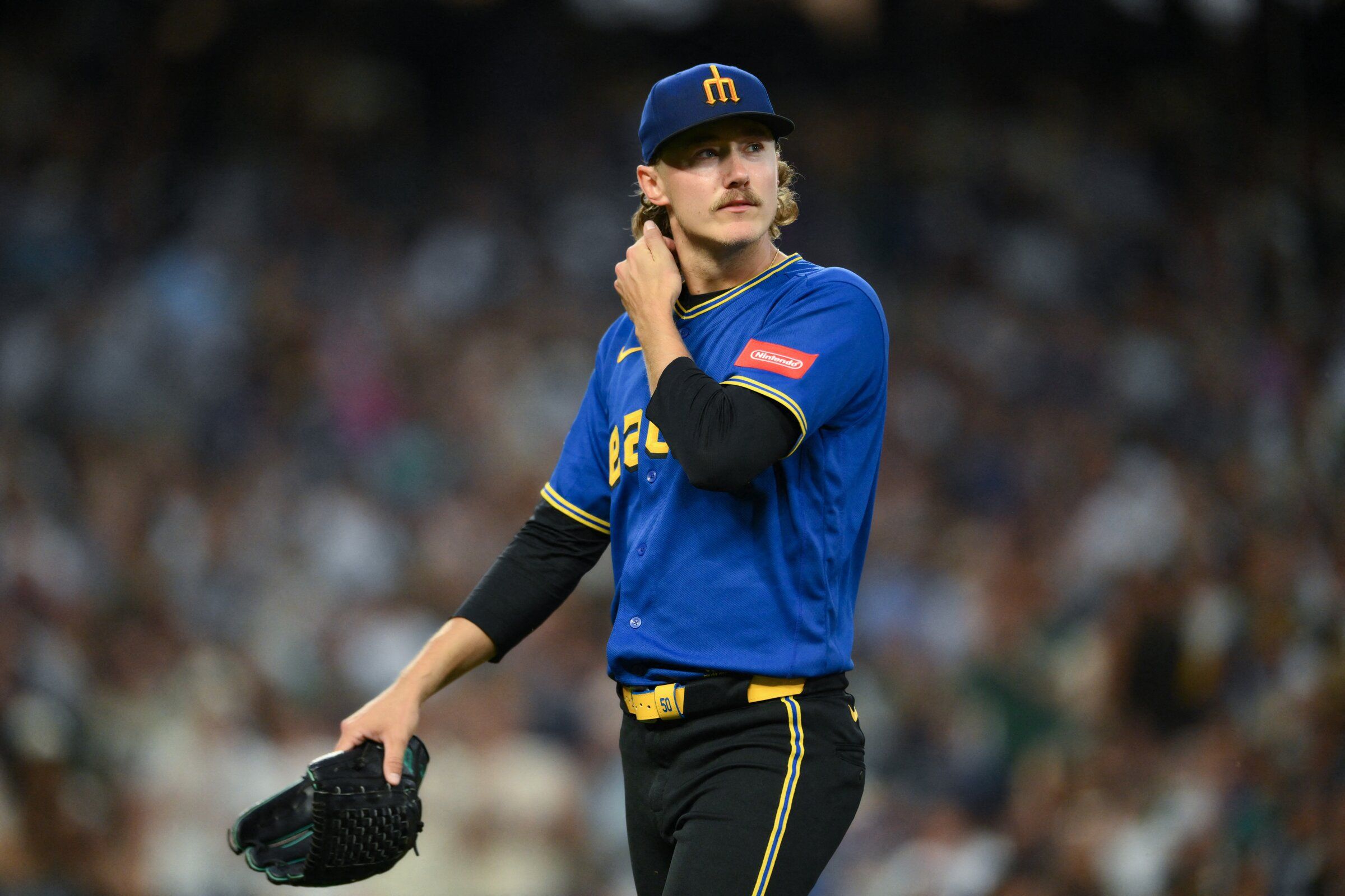 Seattle Mariners starting pitcher Bryce Miller walks off the field after being removed in the sixth inning of a game against the Minnesota Twins, July 31, 2026, Seattle. (Stephen Brashear / Imagn Images via Reuters)