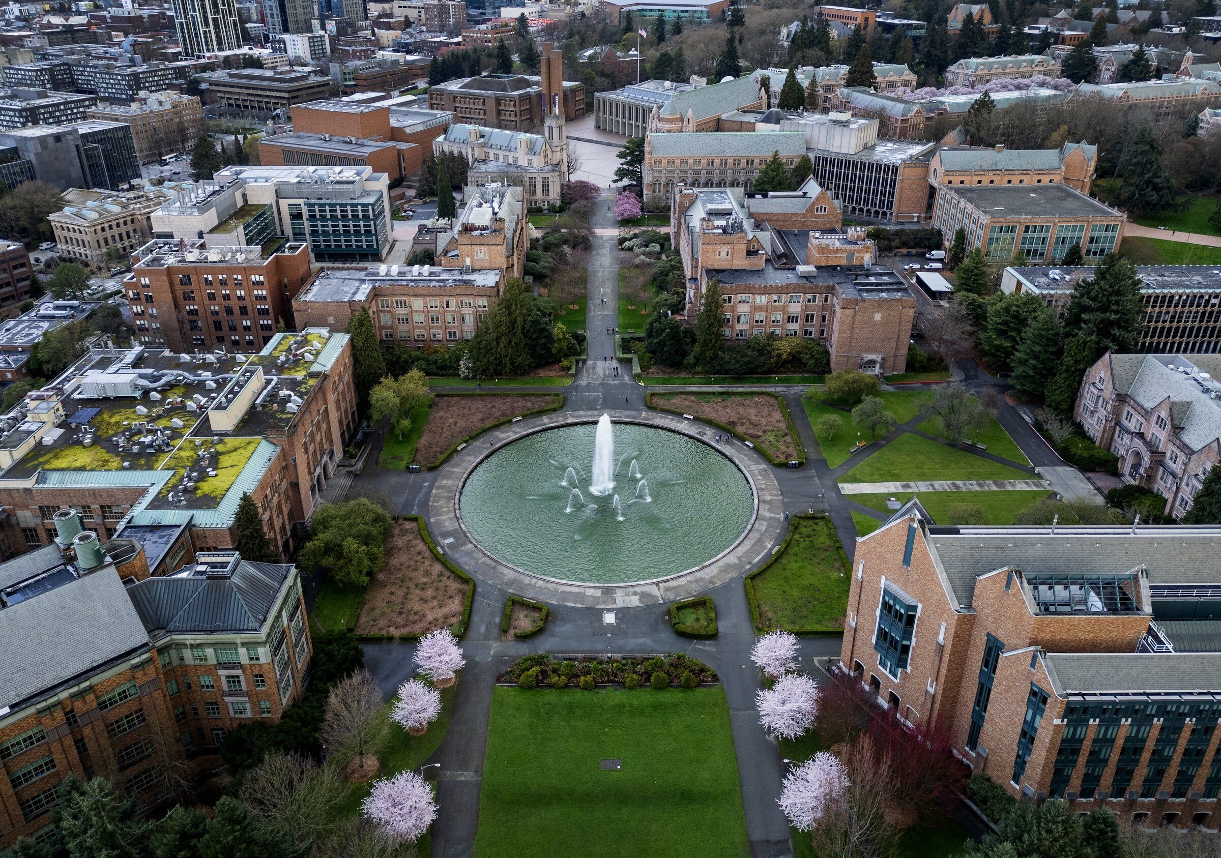 The University of Washington campus with the Drumheller Fountain at center. Proposed changes to the university’s Student Conduct Code have sparked concern among students and faculty. (Ken Lambert / The Seattle Times, 2024)