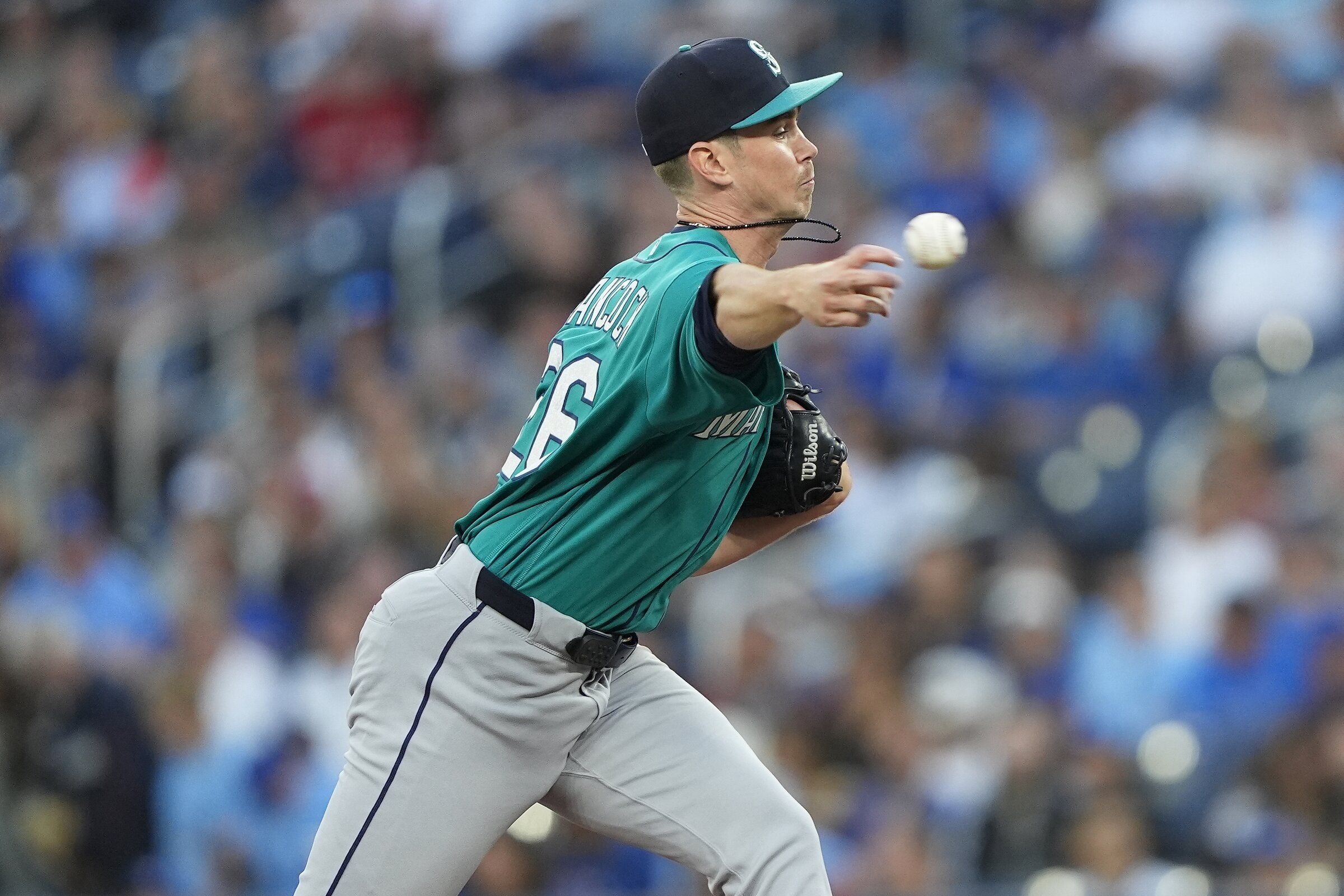Aug 28, 2026; Toronto, Ontario, CAN; Seattle Mariners starting pitcher Emerson Hancock (26) pitches to the Toronto Blue Jays during the first inning at Rogers Centre. (John E. Sokolowski / IMAGN IMAGES via Reuters Connect)