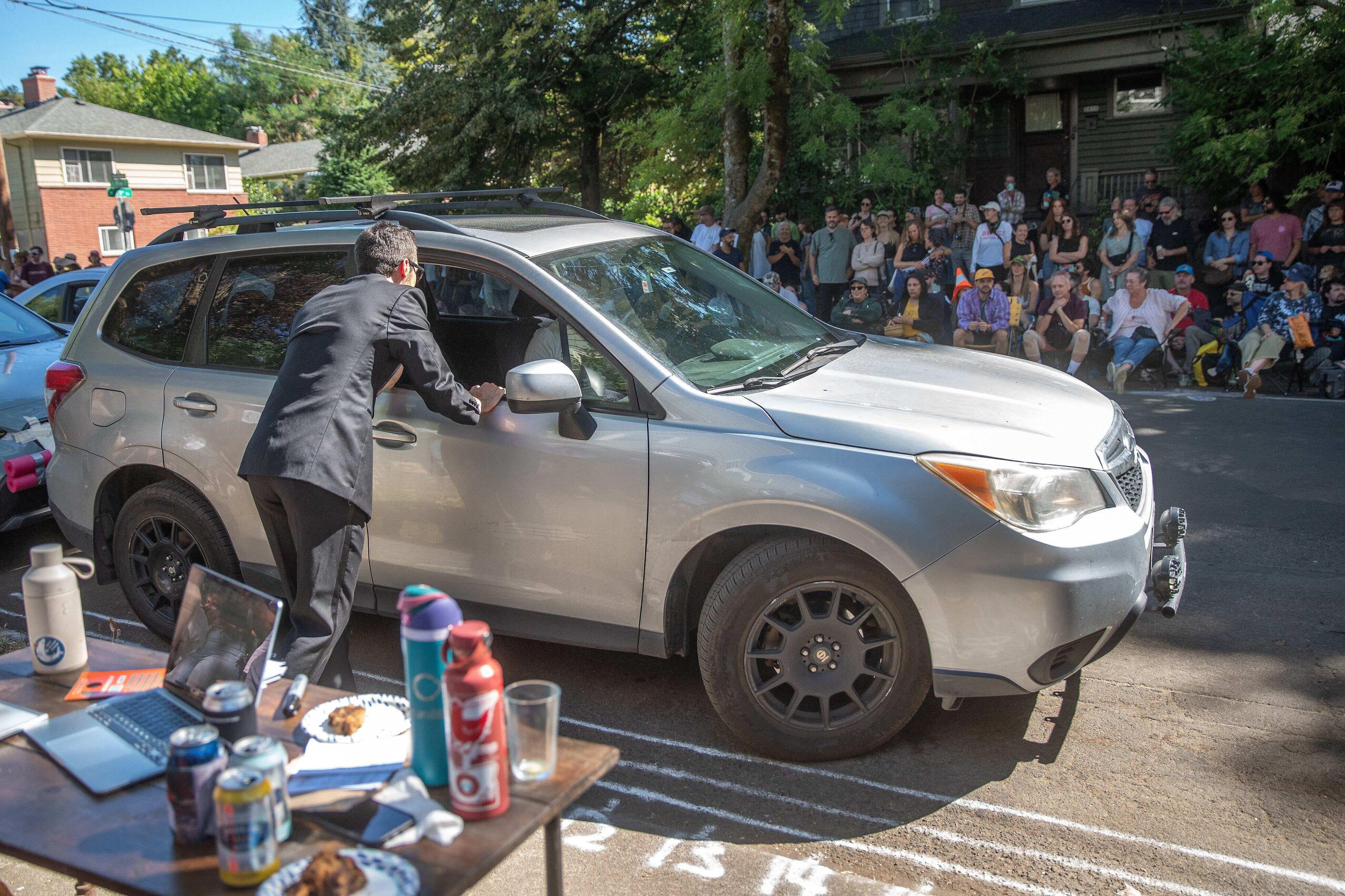 Drivers attempt to parallel park between two vehicles during Portland’s second annual Parallel Parking Competition on Sunday, Aug. 30, 2026. (Mark Graves/oregonlive.com/TNS)