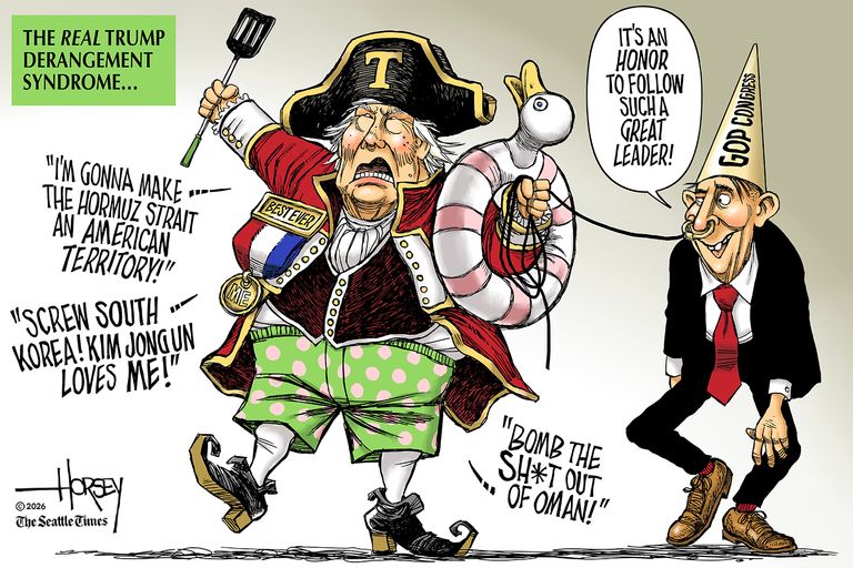 Title:  The Real Trump Derangement Syndrome.  Image:  Donald Trump dressed as Napoleon screaming out crazy things as the GOP Congress follows along saying, 