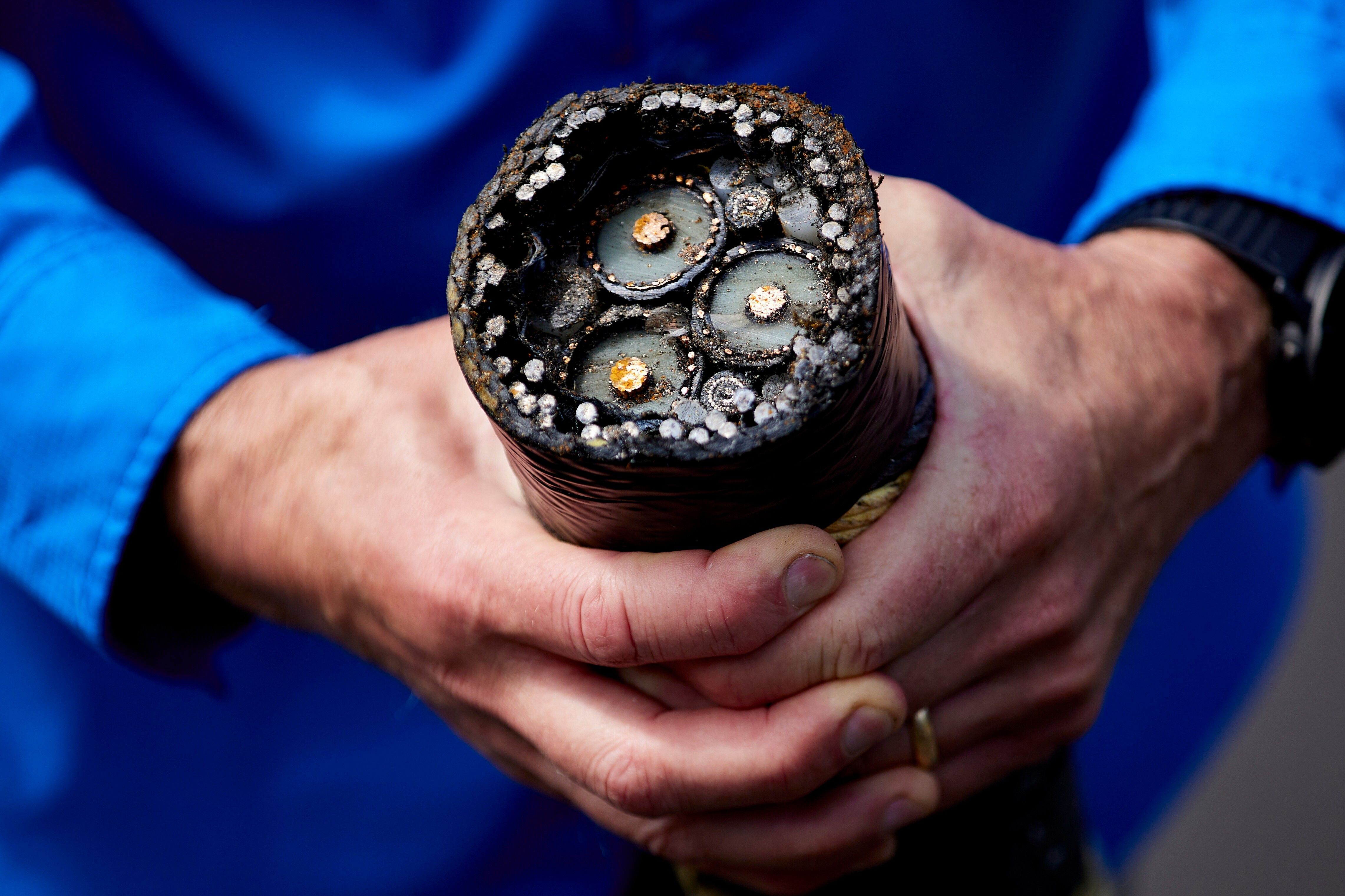 Burke Hales, chief scientist for the PacWave wave energy test site overseen by Oregon State University, shows the electric cables that are buried under the seabed near Newport, Ore., on Aug. 23, 2024. (/Craig Mitchelldyer / The Associated Press)