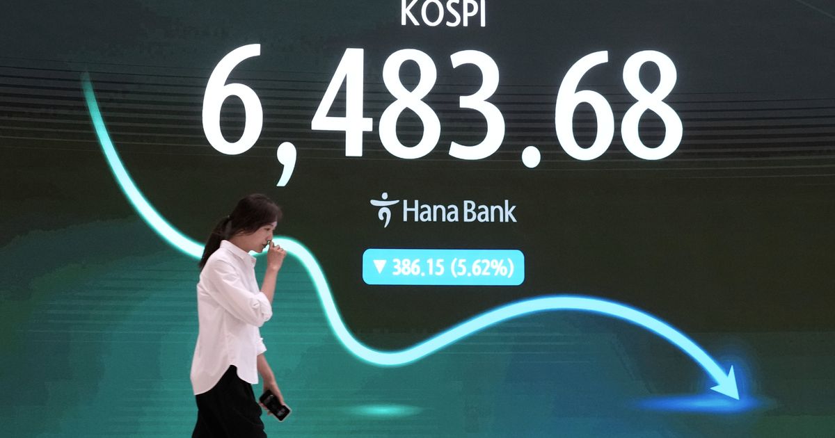 Shares fall in Asia, with Kospi down 5.2%, while oil prices jump