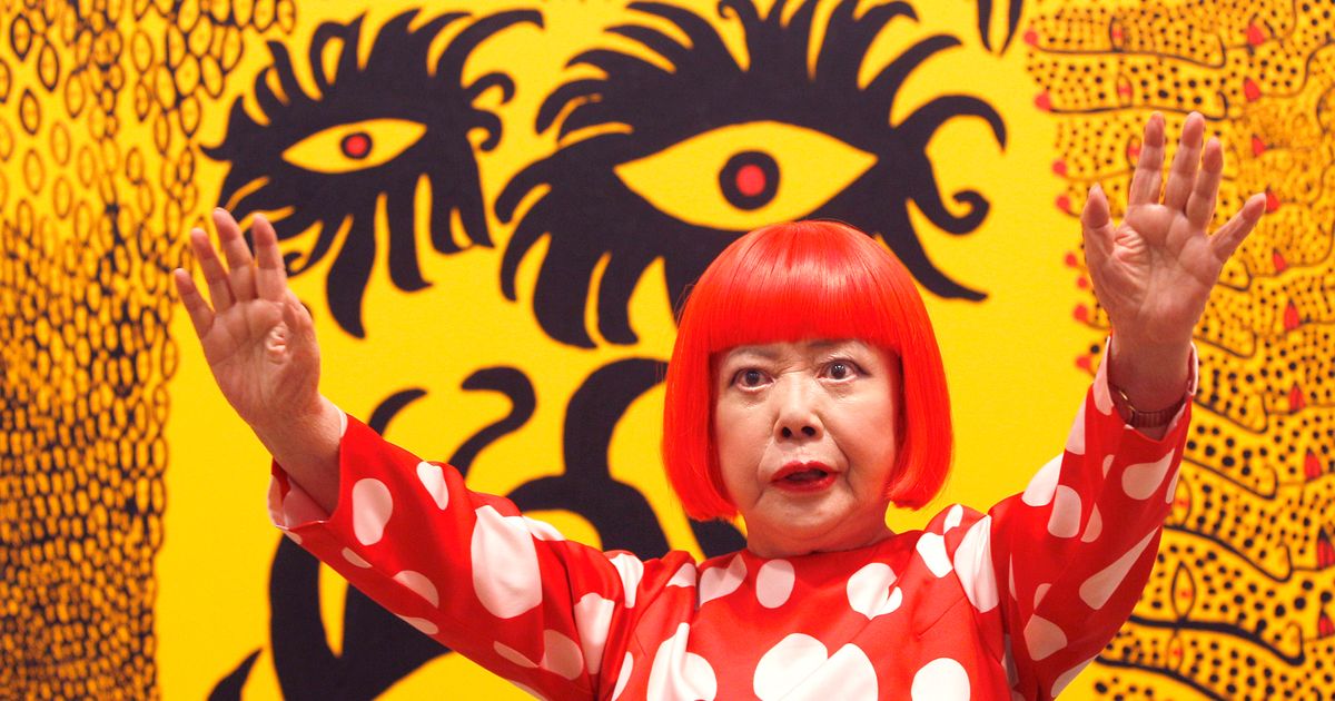 Photos show Yayoi Kusama and artwork featuring her signature polka dots