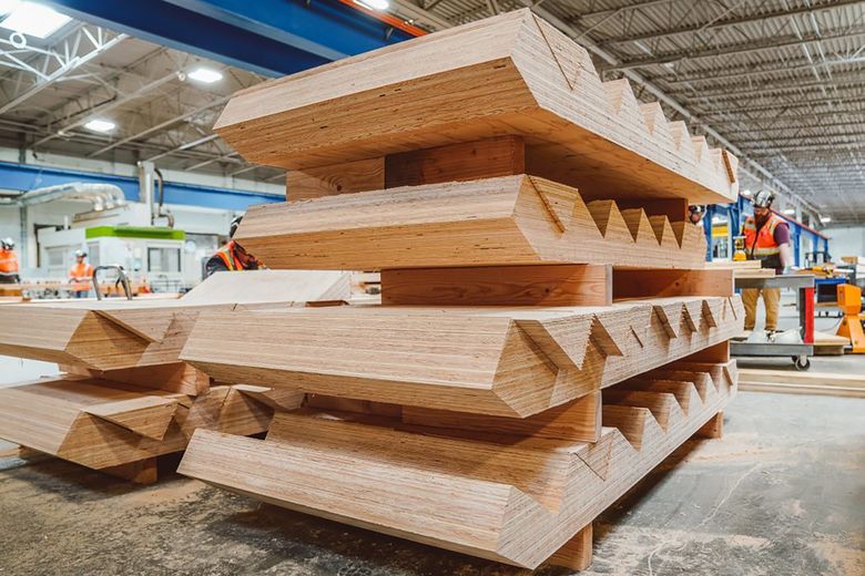 Mass timber construction projects are widely considered faster because they are largely prefabricated, like these stairs for atelierjones’ Heartwood, a building with 126 affordable housing units in Seattle’s Capitol Hill neighborhood. (Lara Swimmer)