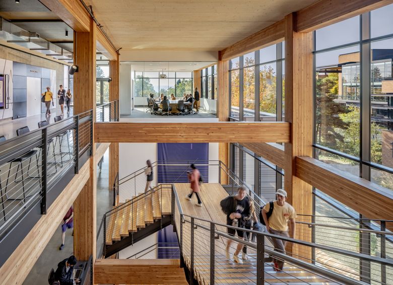 Founders Hall, part of the Foster School of Business complex at the University of Washington, is the first fully mass timber building constructed on the campus. It was designed by LMN and completed in 2022. (Tim Griffith)