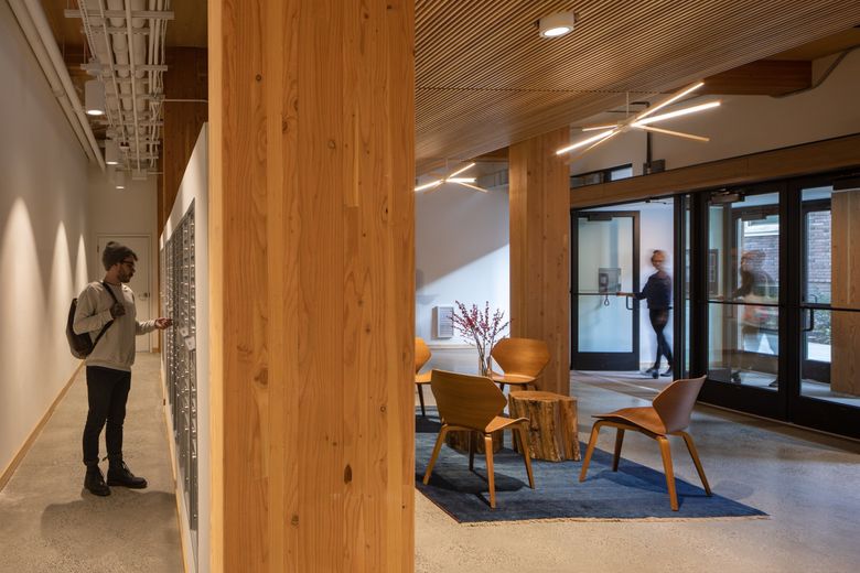 Atelierjones’ Heartwood building in Seattle’s Capitol Hill neighborhood is eight stories tall. Seattle’s Office of Planning and Community Development is exploring new zoning updates that would allow for even taller wood buildings. (Lara Swimmer)