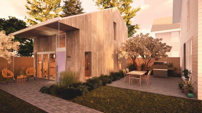 Atelierjones recently submitted this rendering of a design for an accessory dwelling unit using mass timber as part of ADUniverse 2.0, the City of Seattle’s open-access bank of ADU plans, which will be available to the public this November. (Courtesy of atelierjones)