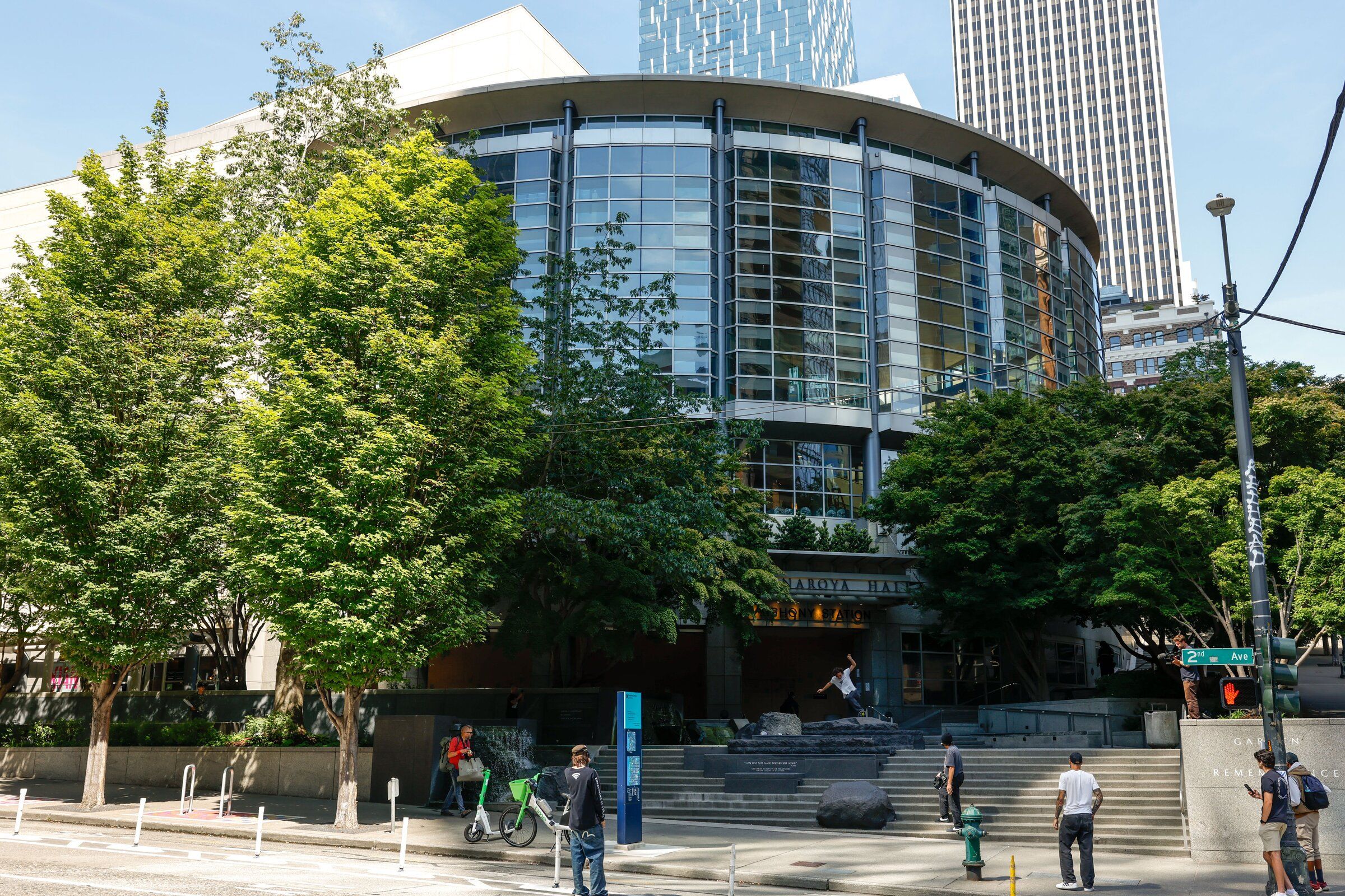Benaroya Hall, home of the Seattle Symphony, is located at the intersection of Third Avenue and Union Street. (Andrew Burk-Stevenson / The Seattle Times)