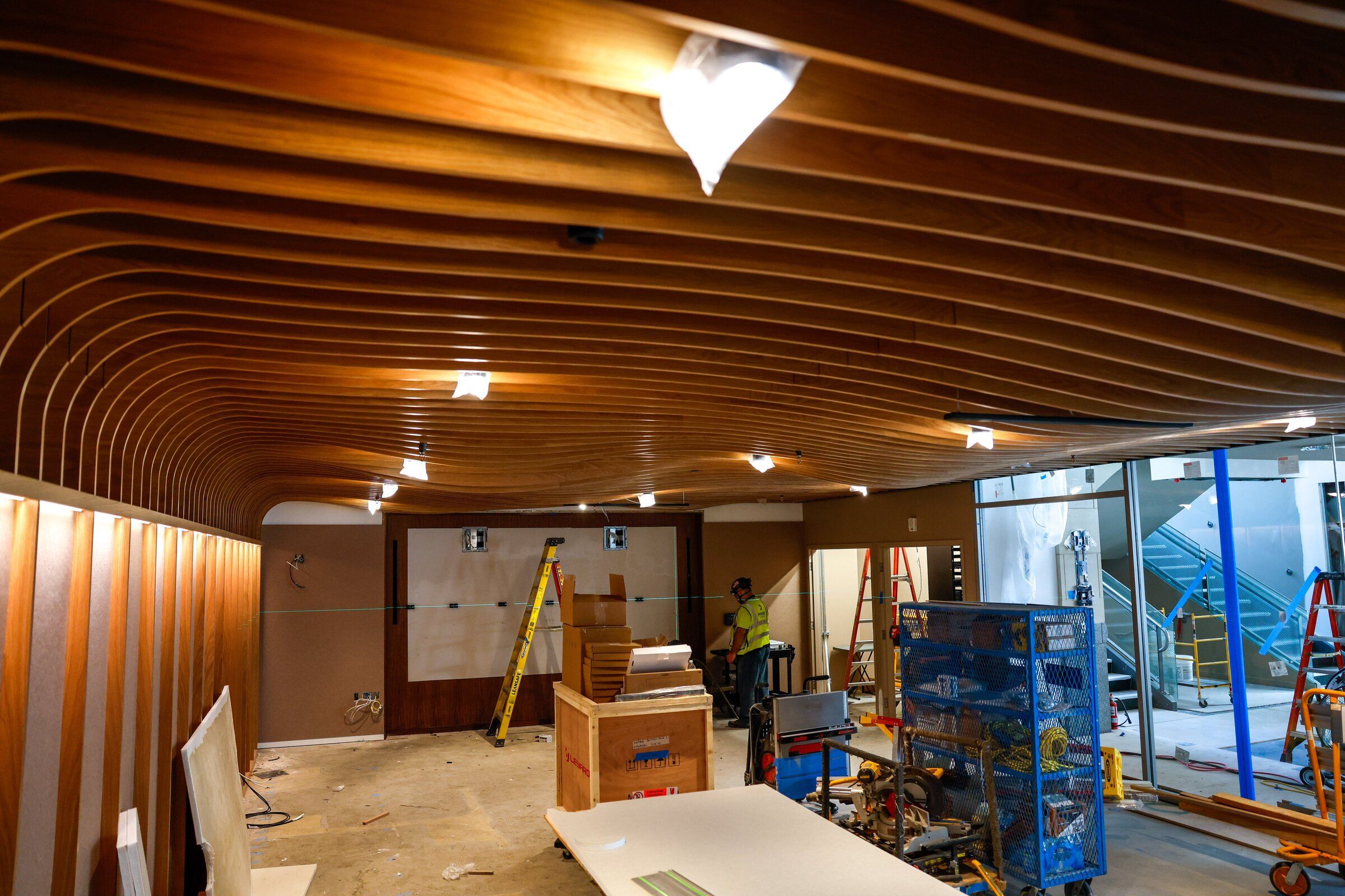 A public space with a ceiling resembling sound waves is part of Benaroya Hall’s $20 million renovation. (Andrew Burk-Stevenson / The Seattle Times)
