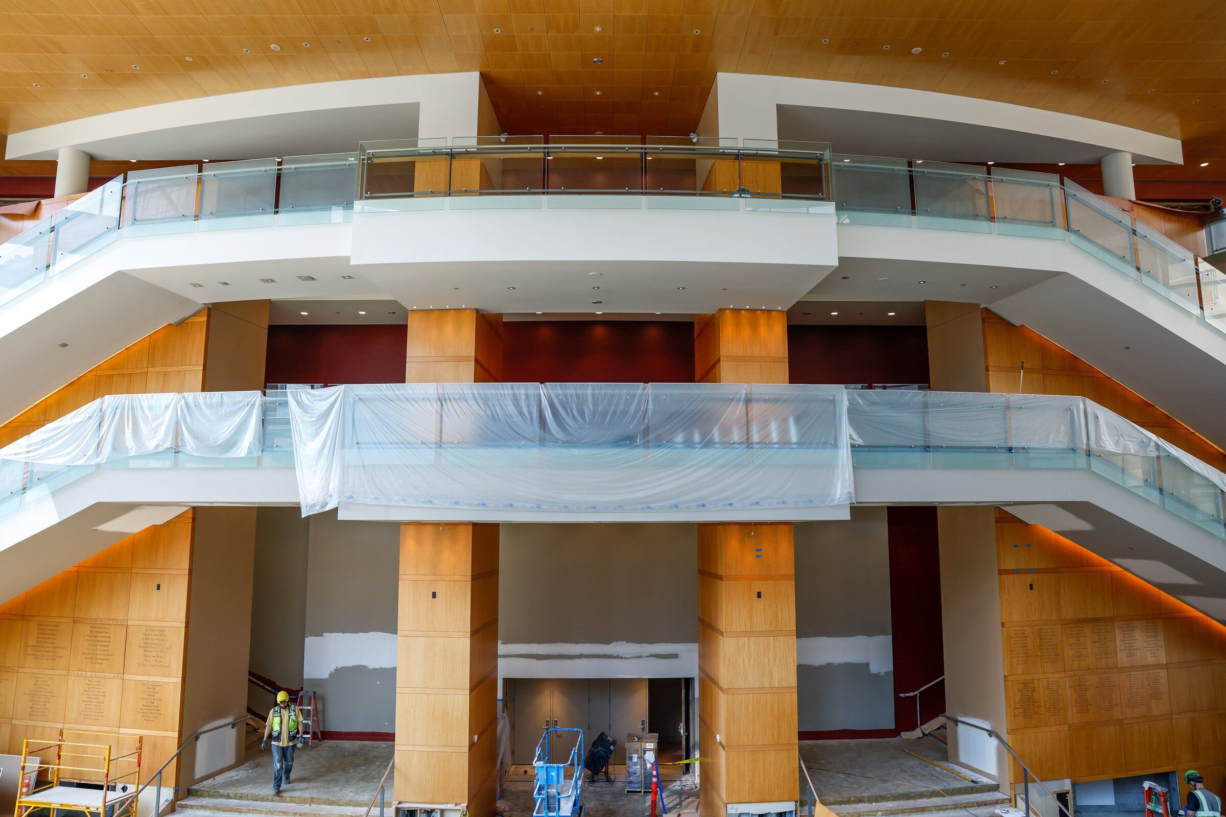 A view of the Samuel and Althea Stroum Grand Lobby facing the S. Mark Taper Foundation Auditorium at Benaroya Hall. This photo, taken Aug. 18, shows the final phase of the hall’s $20 million renovation nearing completion. (Andrew Burk-Stevenson / The Seattle Times)