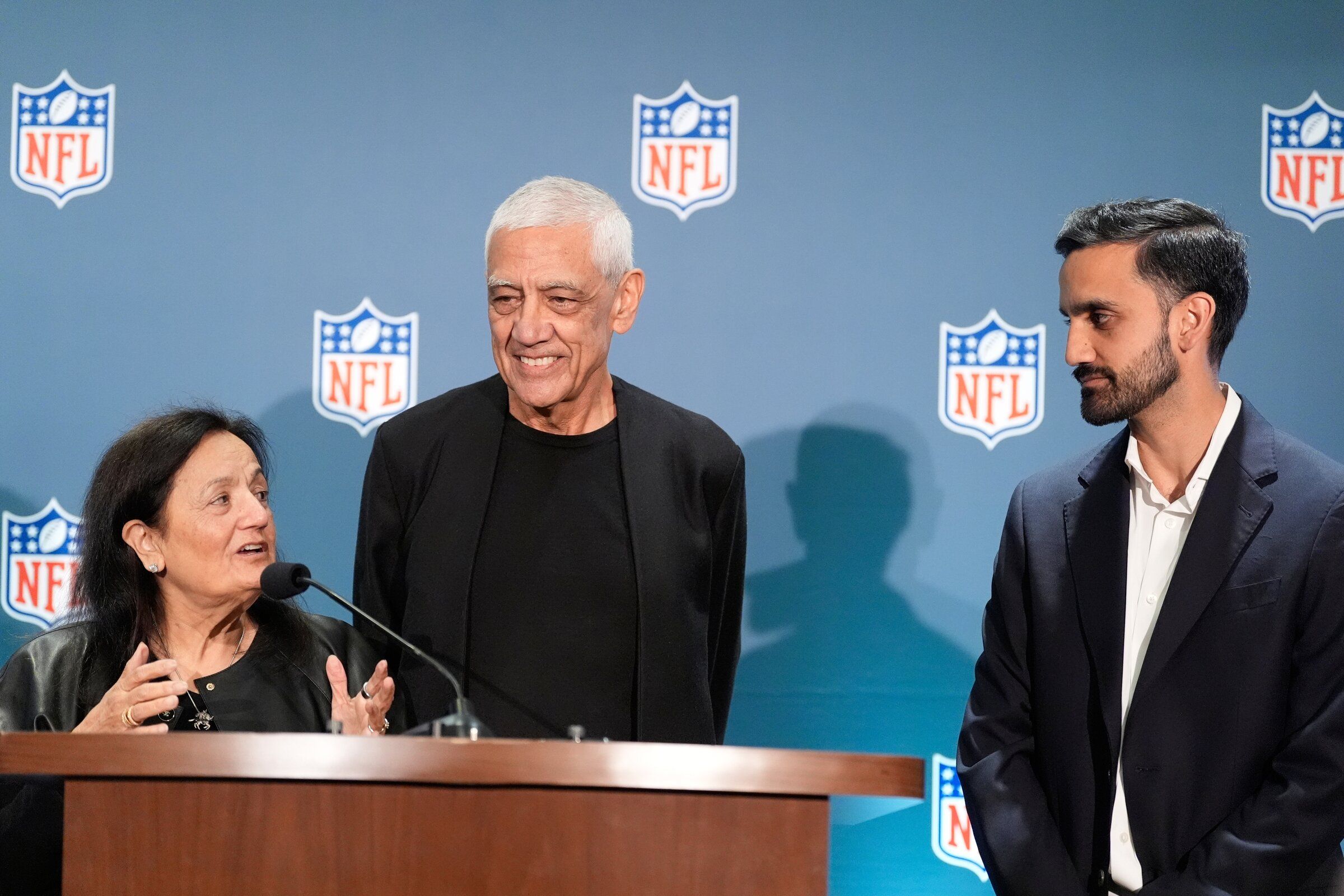 Niru Khosla on the left, Vinod Khosla in the center and Neal Khosla will appear at the press conference. (Brynne Anderson / AP photo)