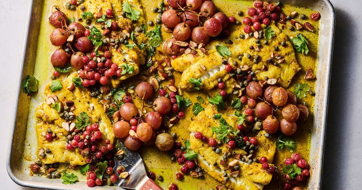 Roasted turmeric fish and grapes make for an elegant weeknight dinner