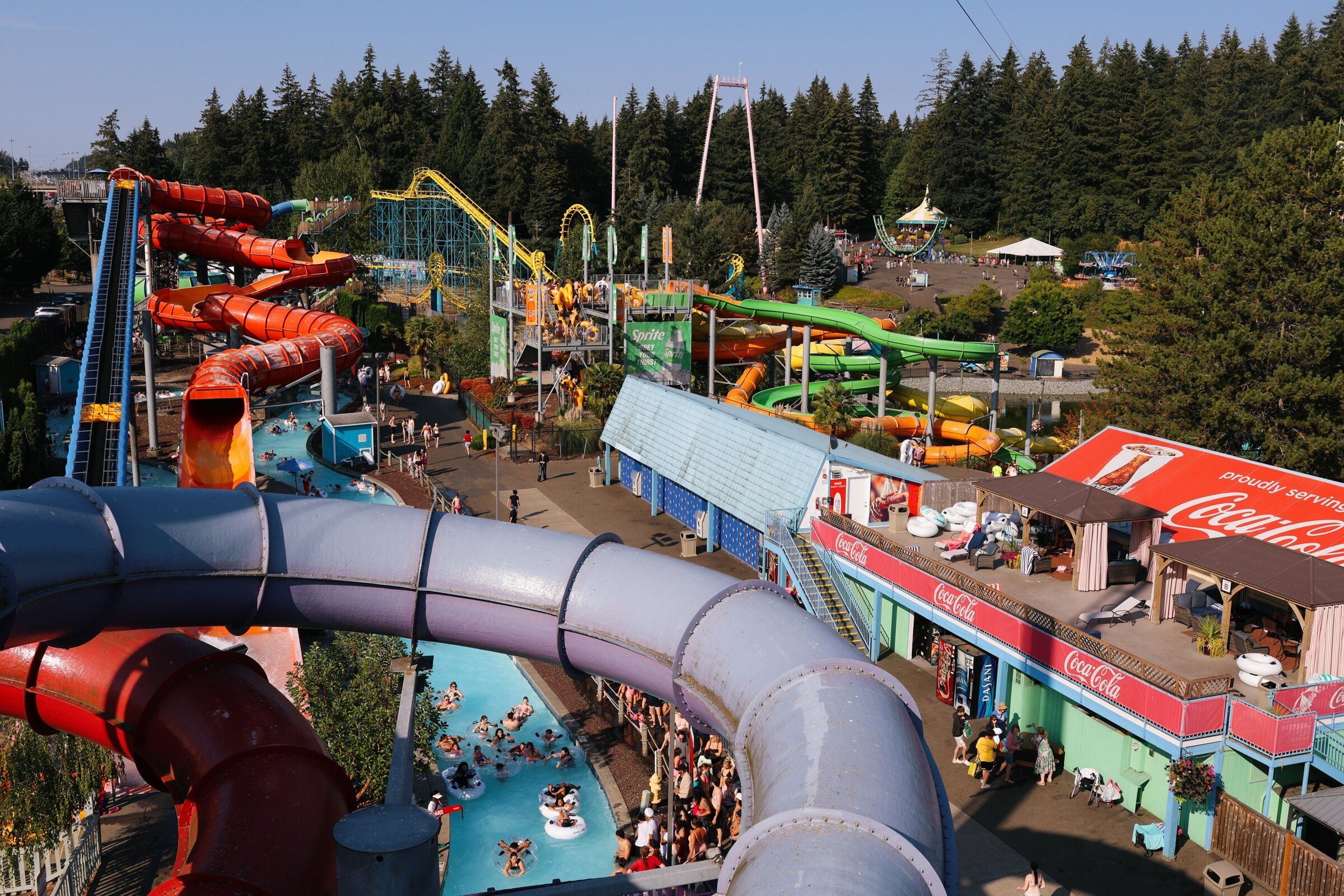 The colors and outlines of Wild Waves’ attractions, visible to drivers on I-5, will eventually give way to a massive warehouse. (Genna Martin / special to The Seattle Times)