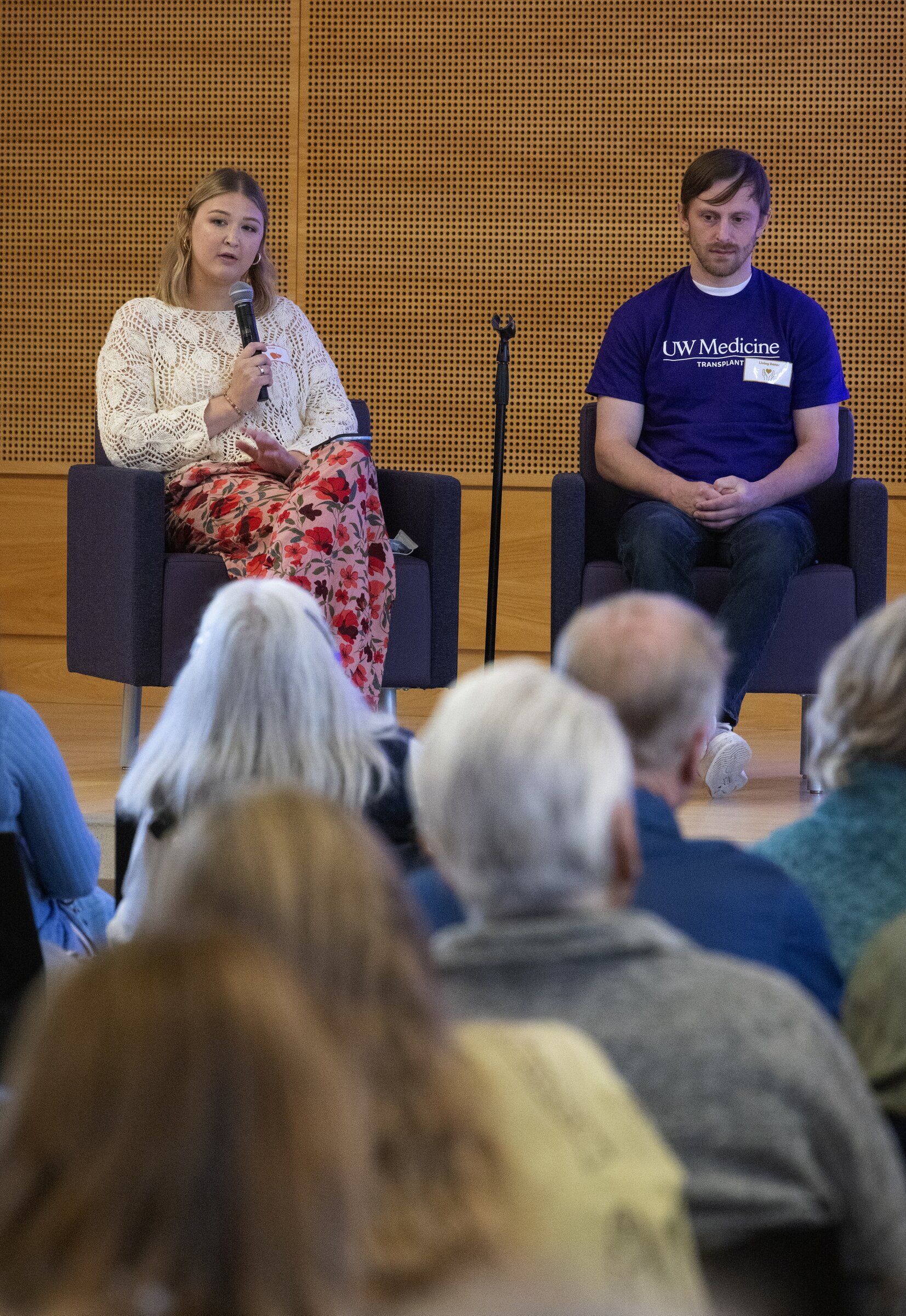 Liver recipient Taylor Shander, left, speaks on a panel with living liver donor Nicholas Armitage during a “transplant picnic” Sunday on the University of Washington campus in Seattle. Shander, who is studying nursing at UW, received a liver transplant from her sister, a living donor. (Ken Lambert / The Seattle Times)