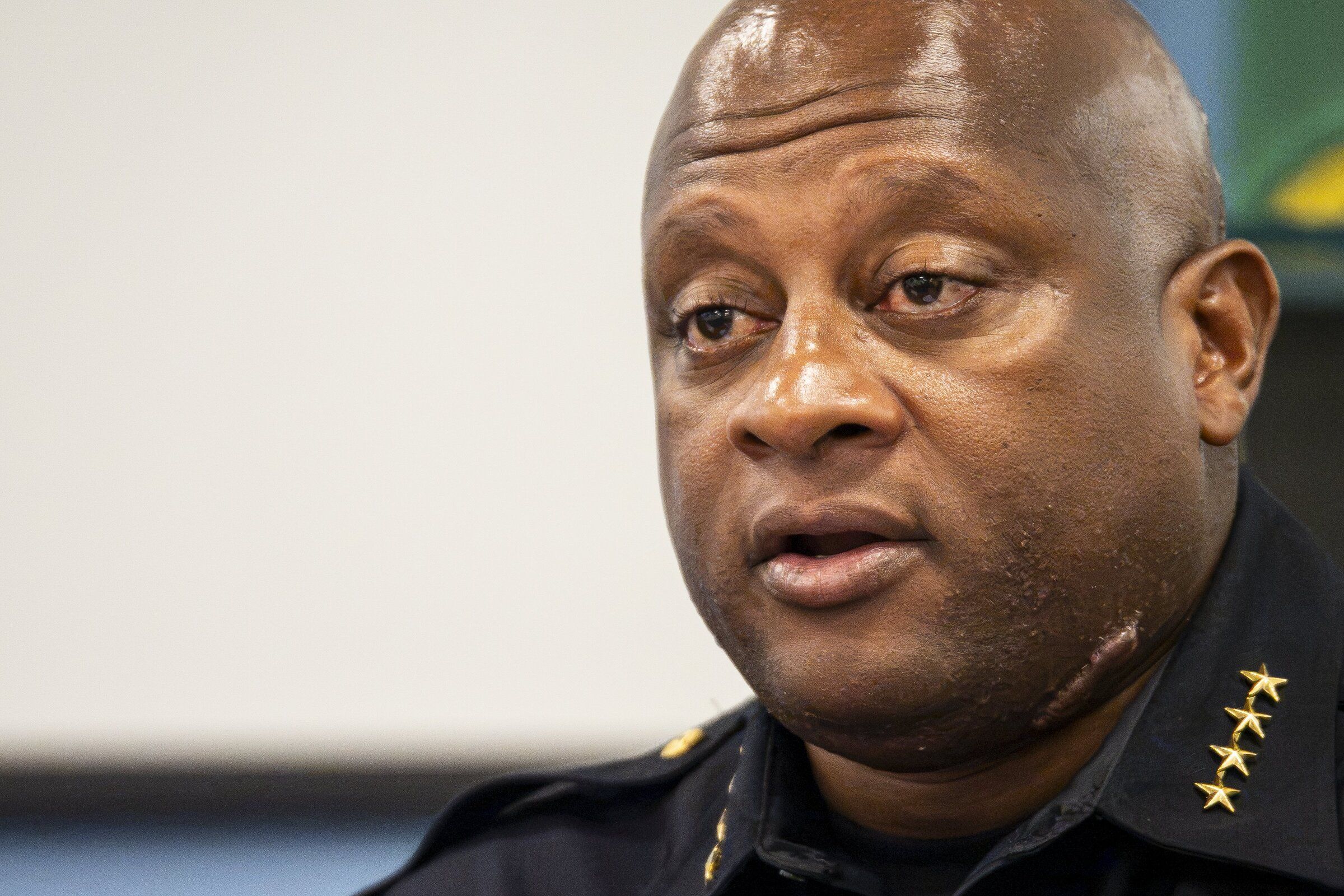 Seattle Interim Police Chief André Sails speaks during an interview Monday. (Kevin Clark / The Seattle Times)