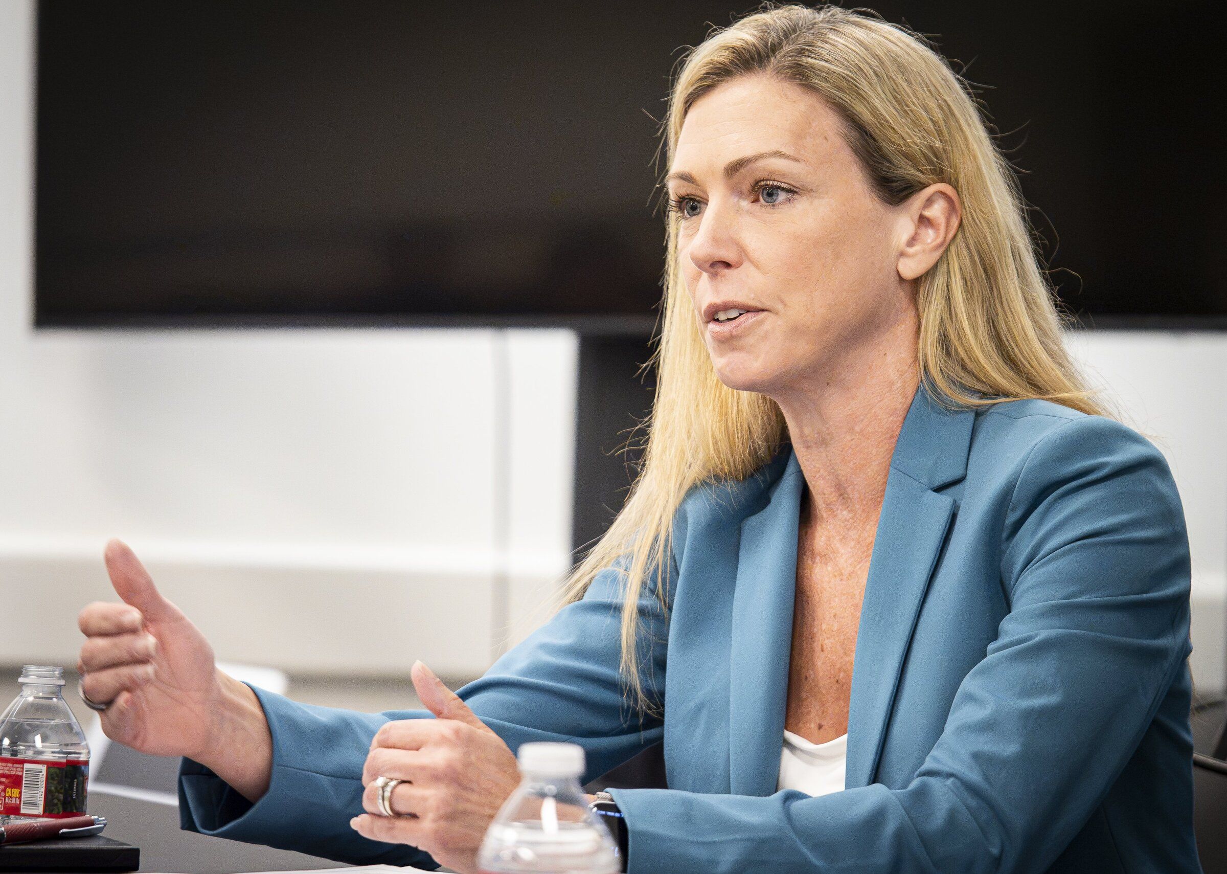 CARE Director Amy Barden discusses her department’s role in the mayor’s new plan to prevent gun violence Monday. (Kevin Clark / The Seattle Times)