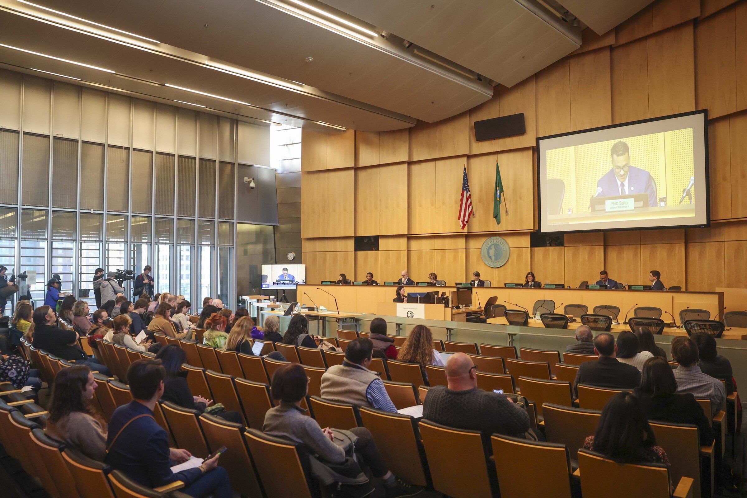 Seattle City Council members meet in the City Council Chamber in downtown Seattle. (Ivy Ceballo / The Seattle Times, 2024)
