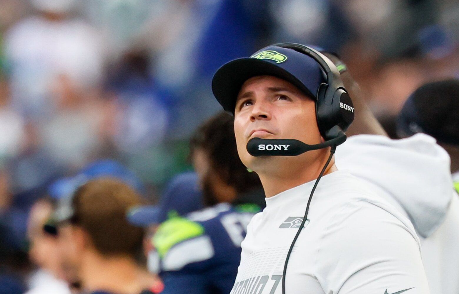 Seattle Seahawks head coach Mike Macdonald looks at a replay during the second quarter Wednesday, Sept. 9, 2026 in Seattle. 234152